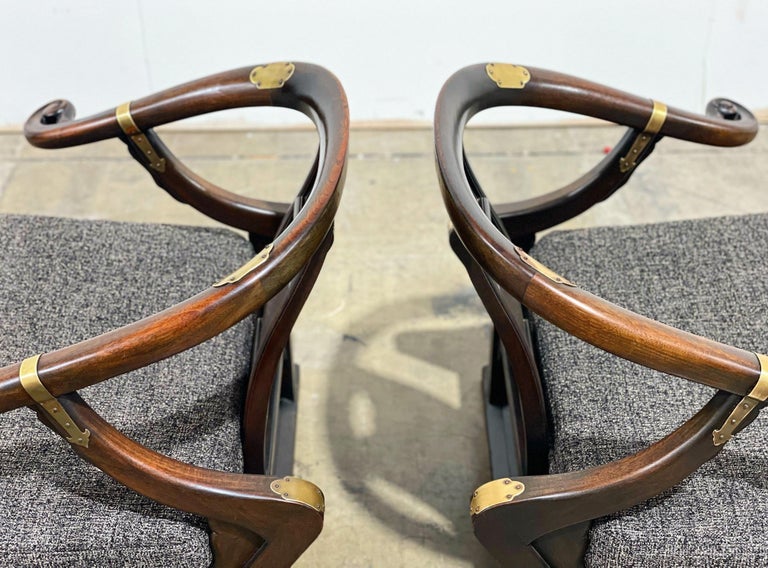 Michael Taylor for Baker Lounge Chairs, Walnut + Brass + Far East Collection For Sale 3