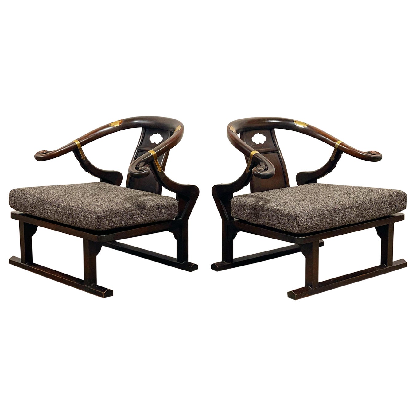 Michael Taylor for Baker Lounge Chairs, Walnut + Brass + Far East Collection