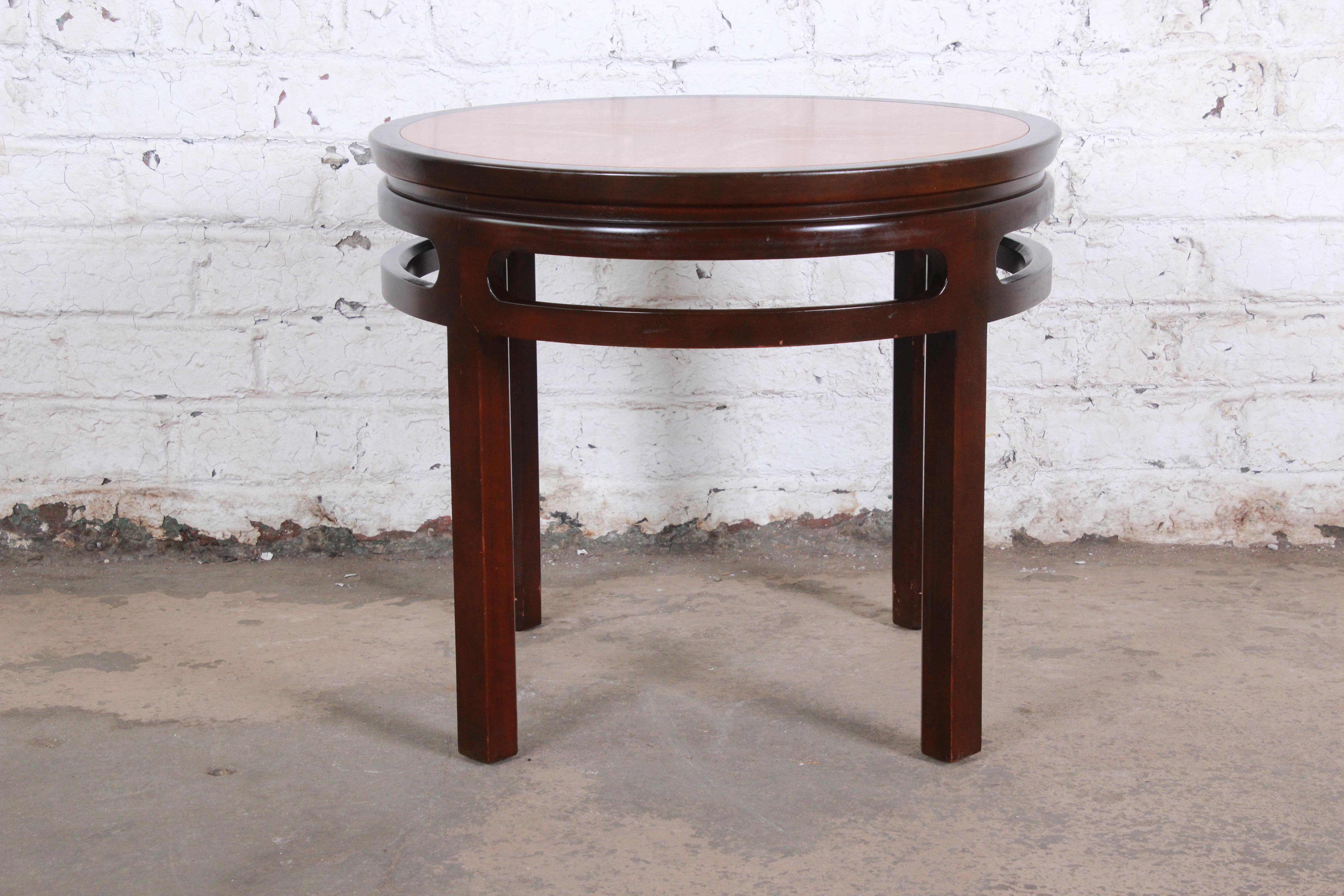 Michael Taylor for Baker Midcentury Chinoiserie Teak and Mahogany Side Table In Good Condition In South Bend, IN