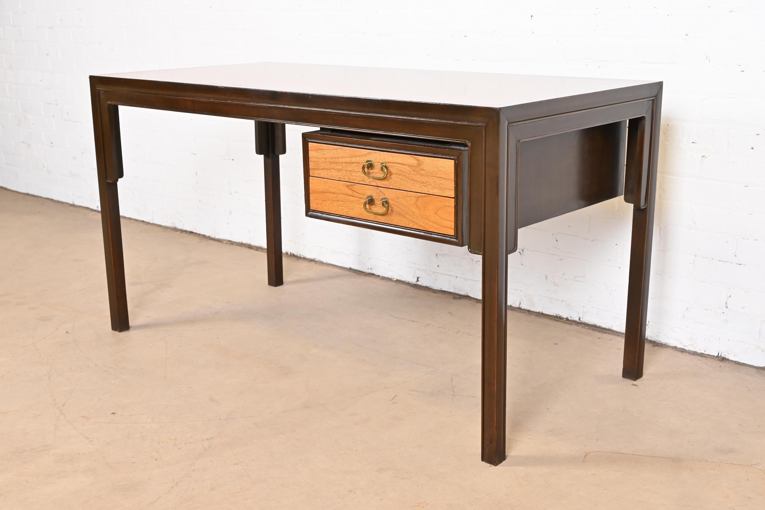 Michael Taylor for Baker Midcentury Chinoiserie Teak and Walnut Partner Desk In Good Condition For Sale In South Bend, IN