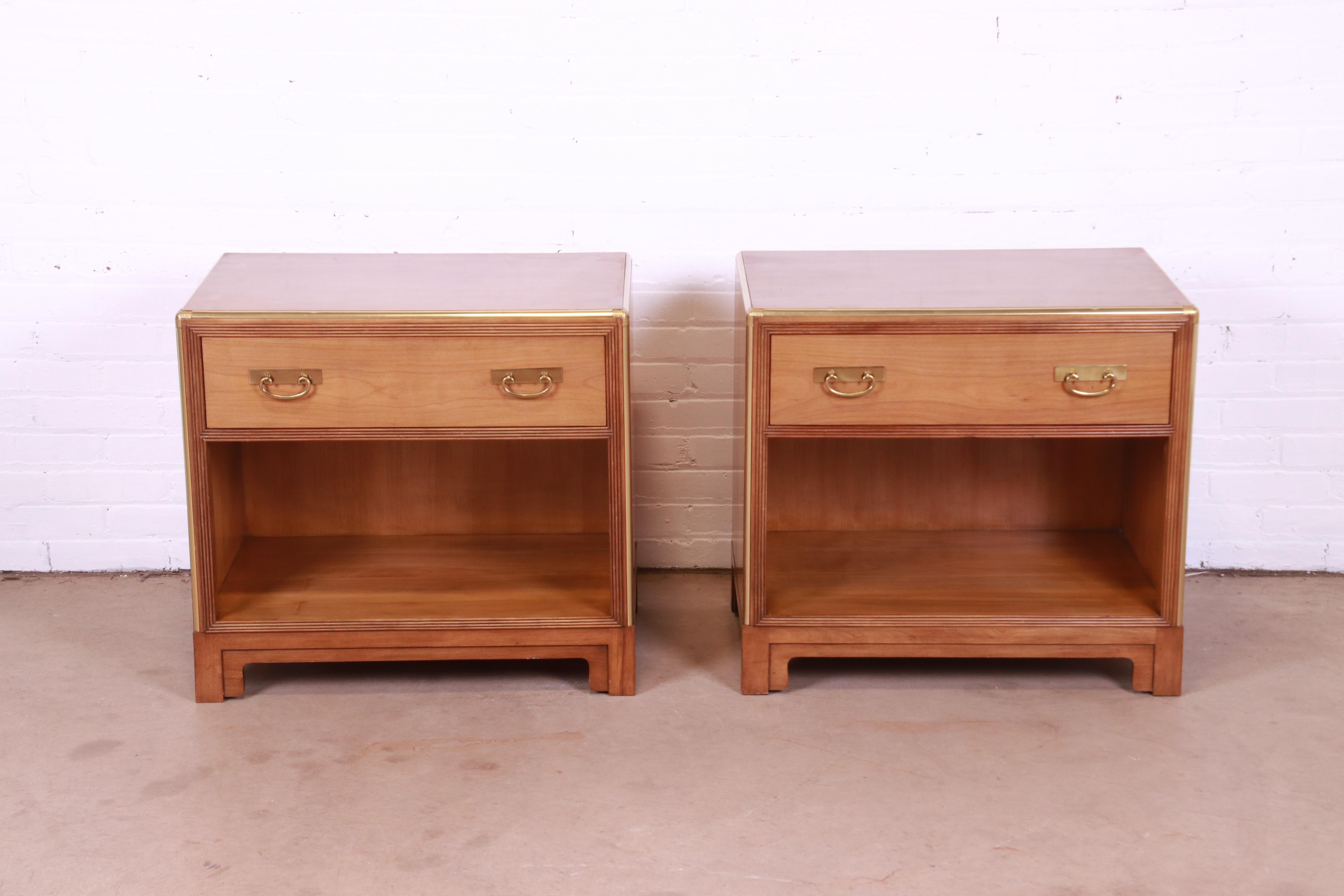 American Michael Taylor for Baker Mid-Century Modern Cherry and Brass Nightstands, Pair For Sale