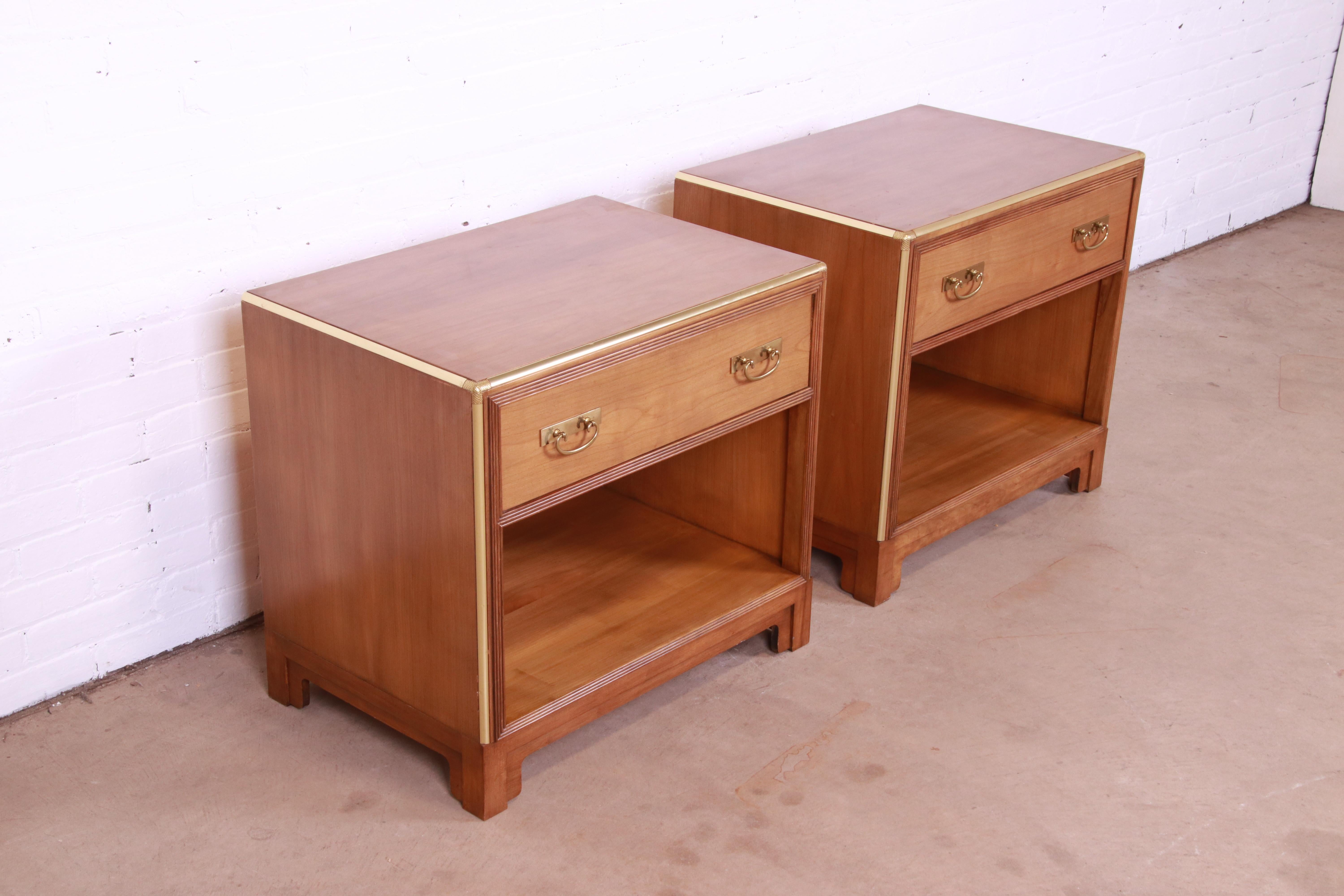20th Century Michael Taylor for Baker Mid-Century Modern Cherry and Brass Nightstands, Pair For Sale