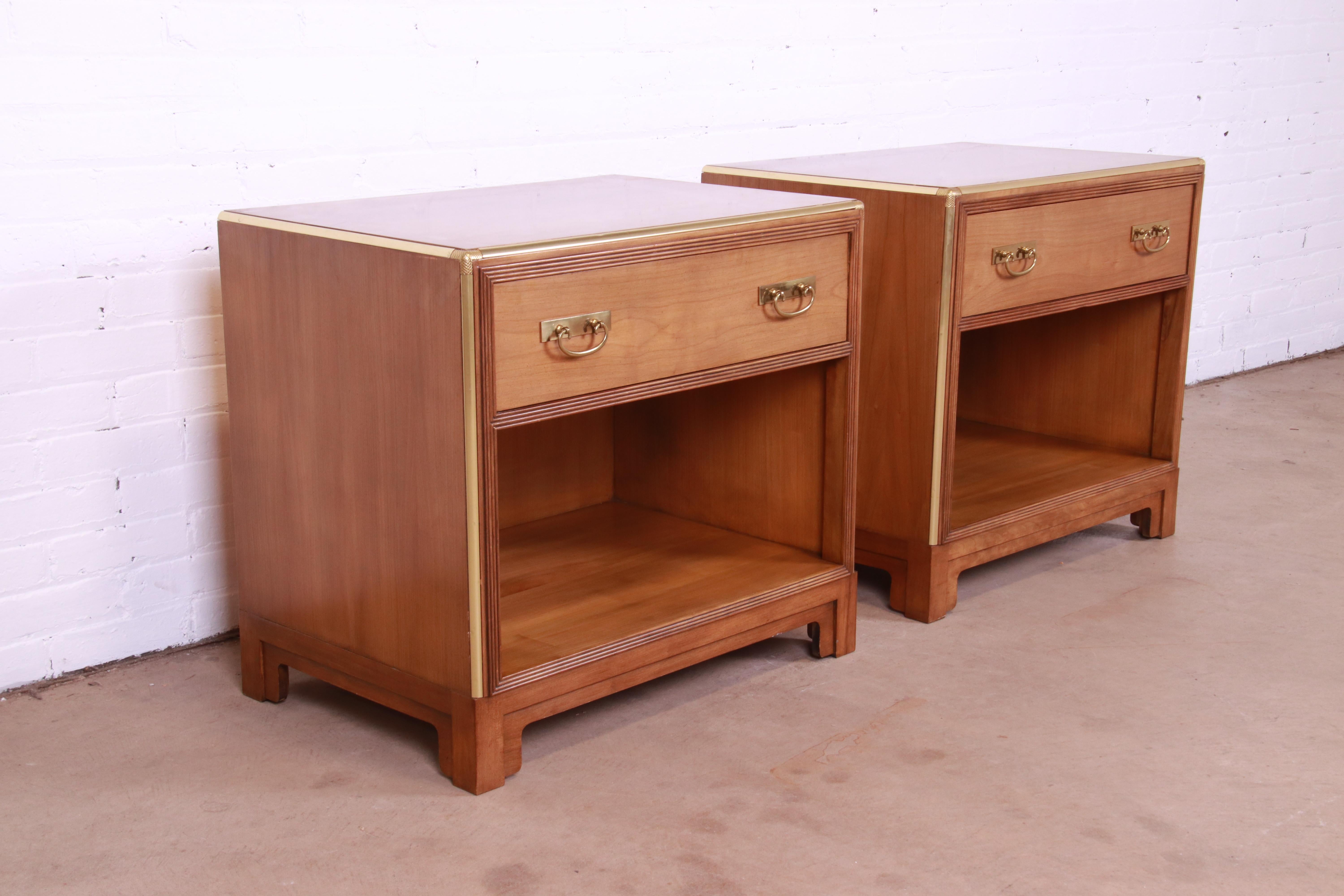 Michael Taylor for Baker Mid-Century Modern Cherry and Brass Nightstands, Pair For Sale 1