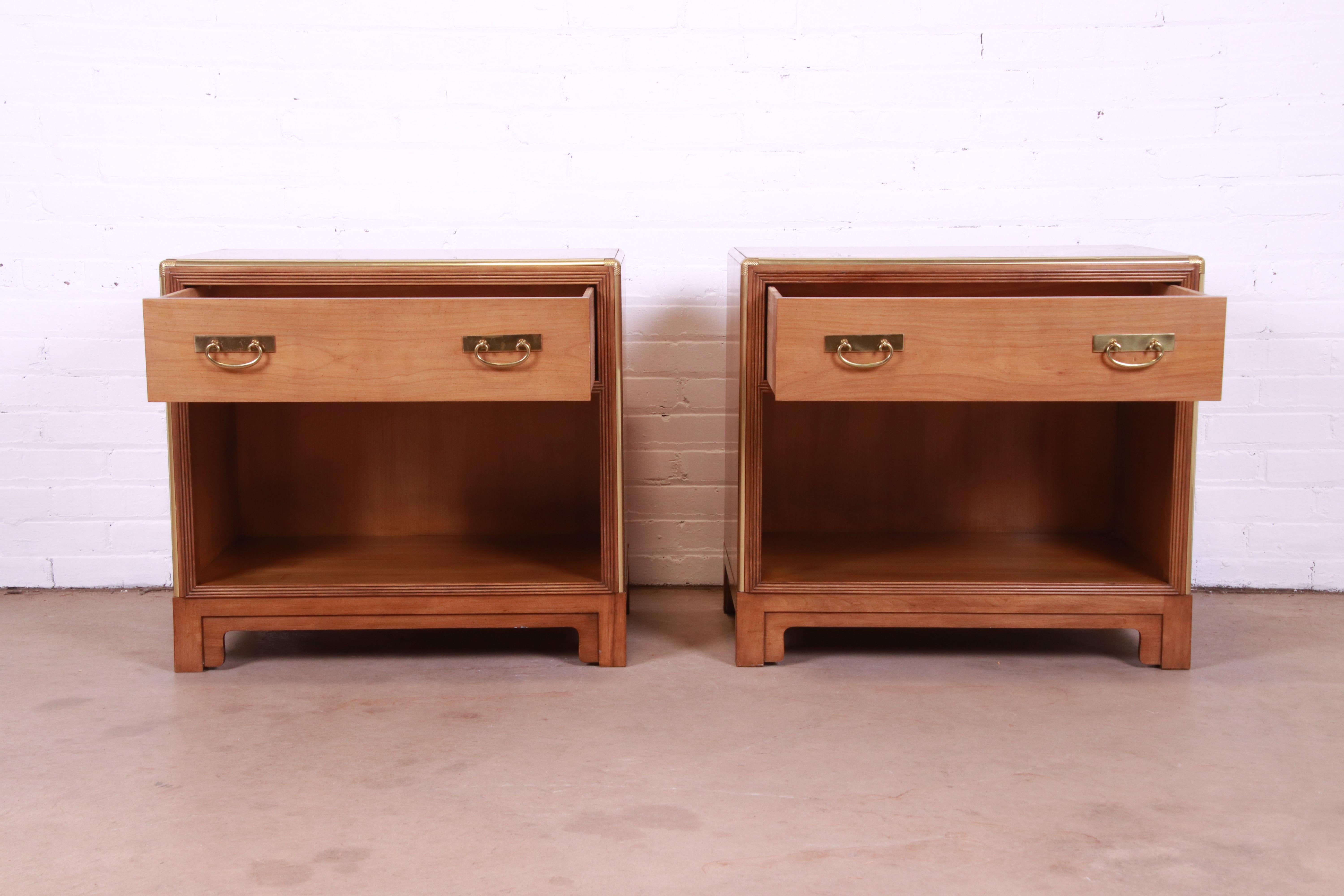 Michael Taylor for Baker Mid-Century Modern Cherry and Brass Nightstands, Pair For Sale 2