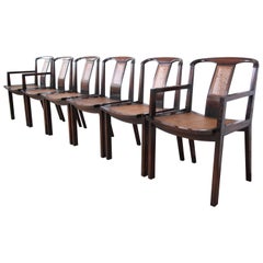 Michael Taylor for Baker Midcentury Walnut and Cane Dining Chairs, Set of Six