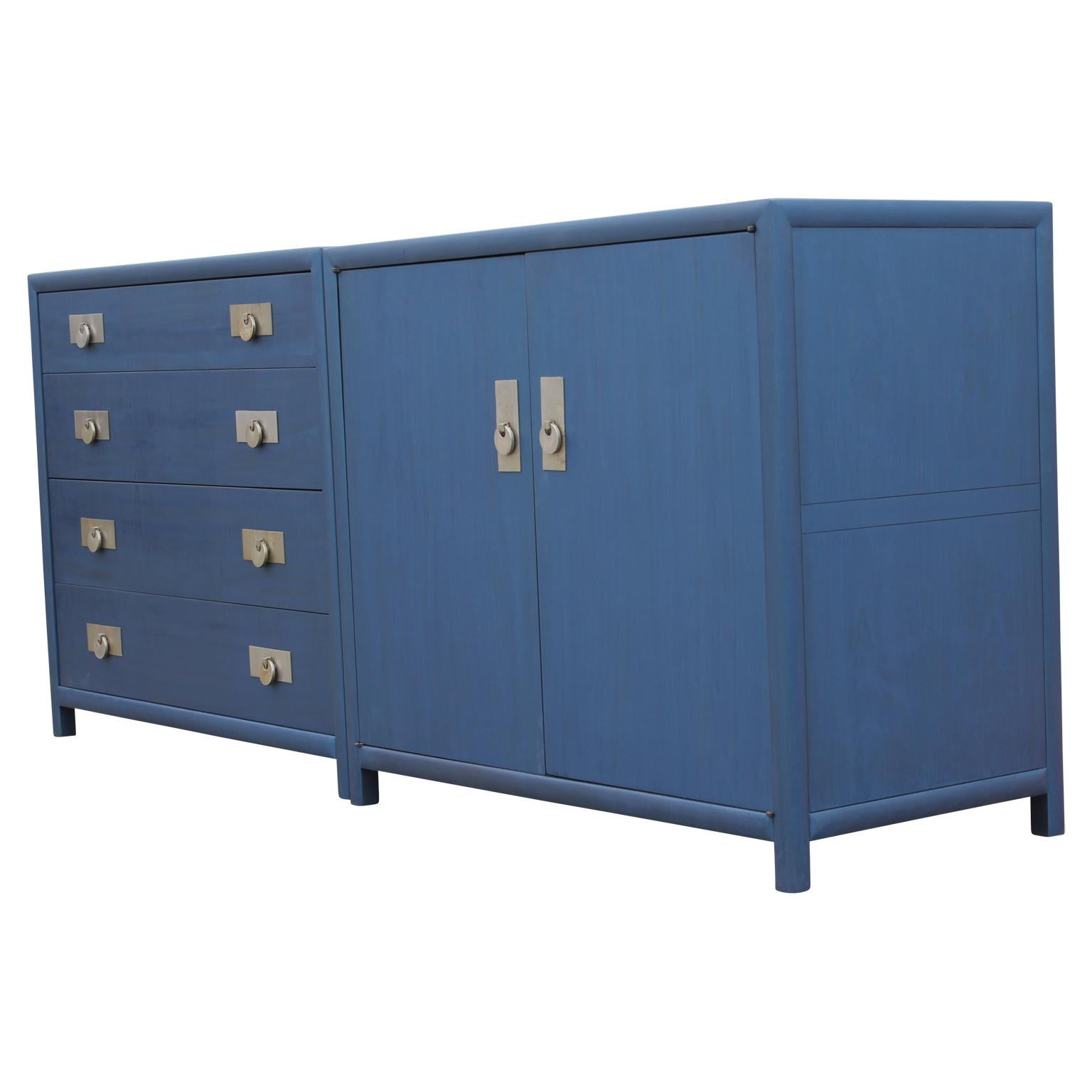 Wood Michael Taylor for Baker New World Collection Cabinet in Blue