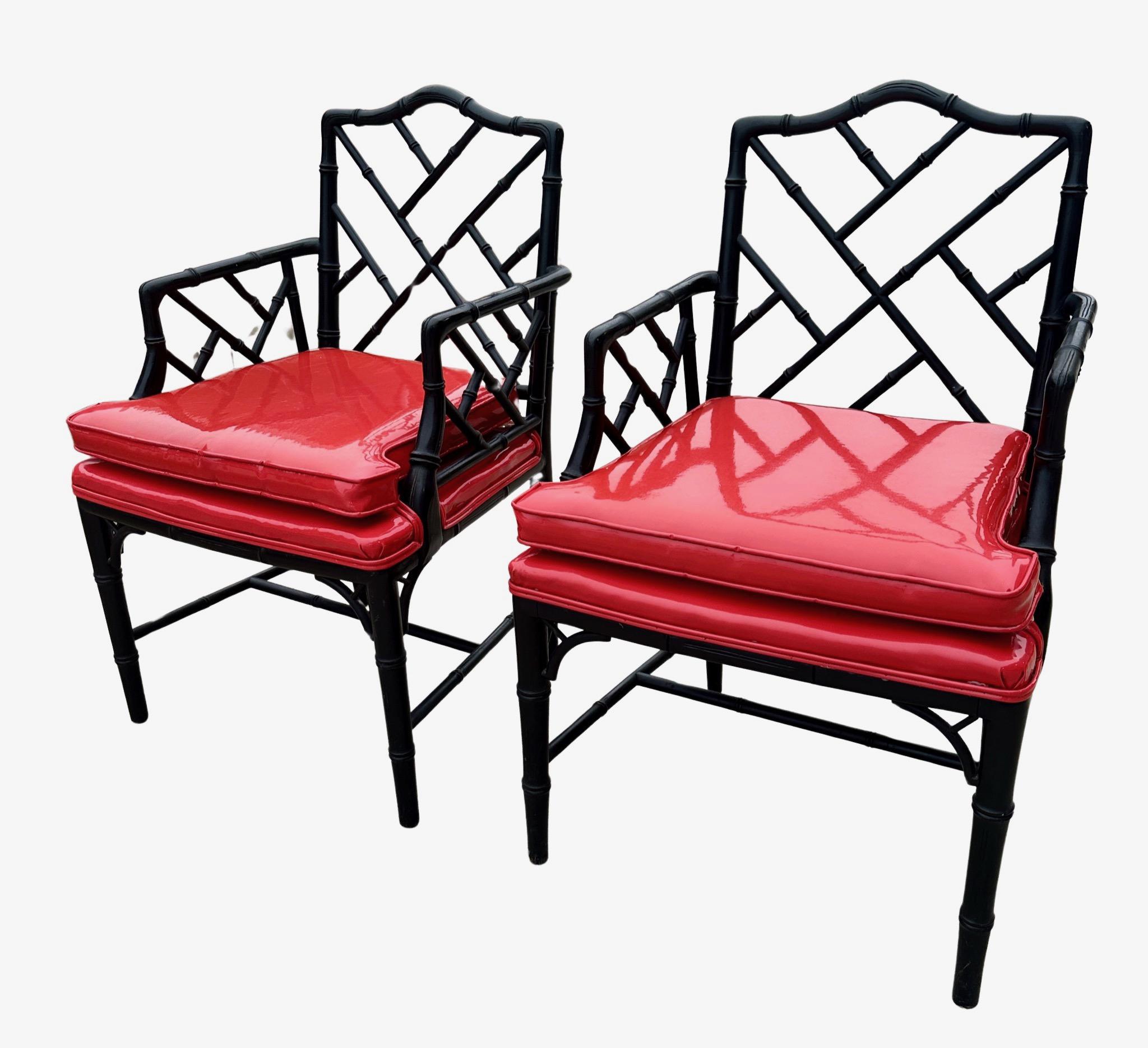 Hollywood Regency Michael Taylor for Baker Regency Chinese Chippendale Faux Bamboo Arm Chairs