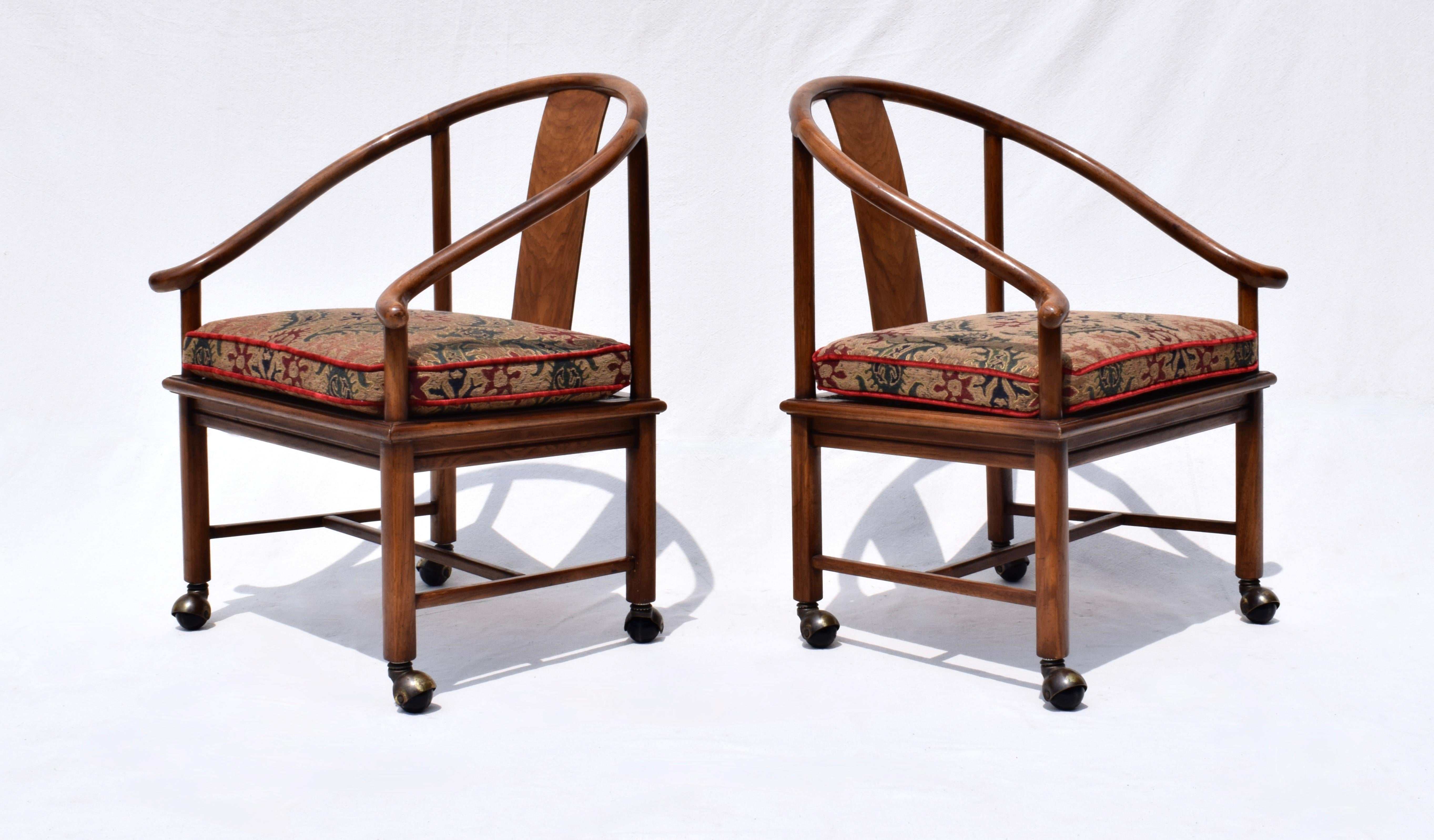 Late 20th Century 20th c. Modern Ming Horseshoe Chairs With Caned Seats Custom Cushions  For Sale