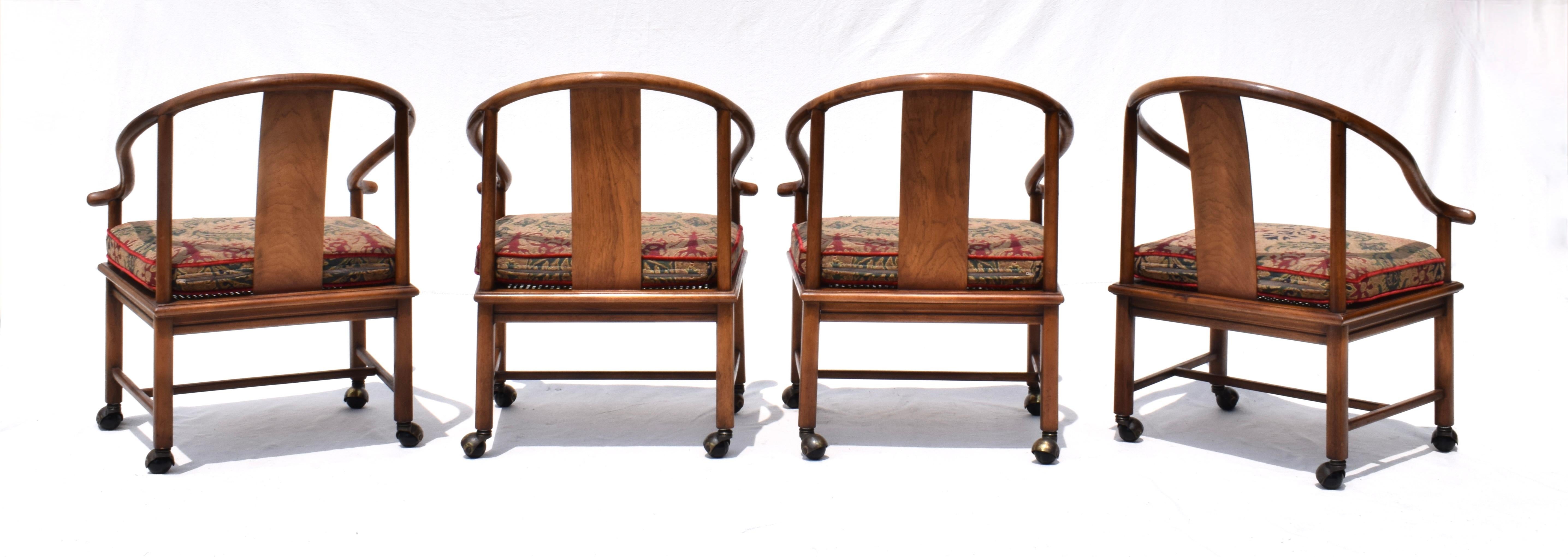 Tapestry 20th c. Modern Ming Horseshoe Chairs With Caned Seats Custom Cushions  For Sale
