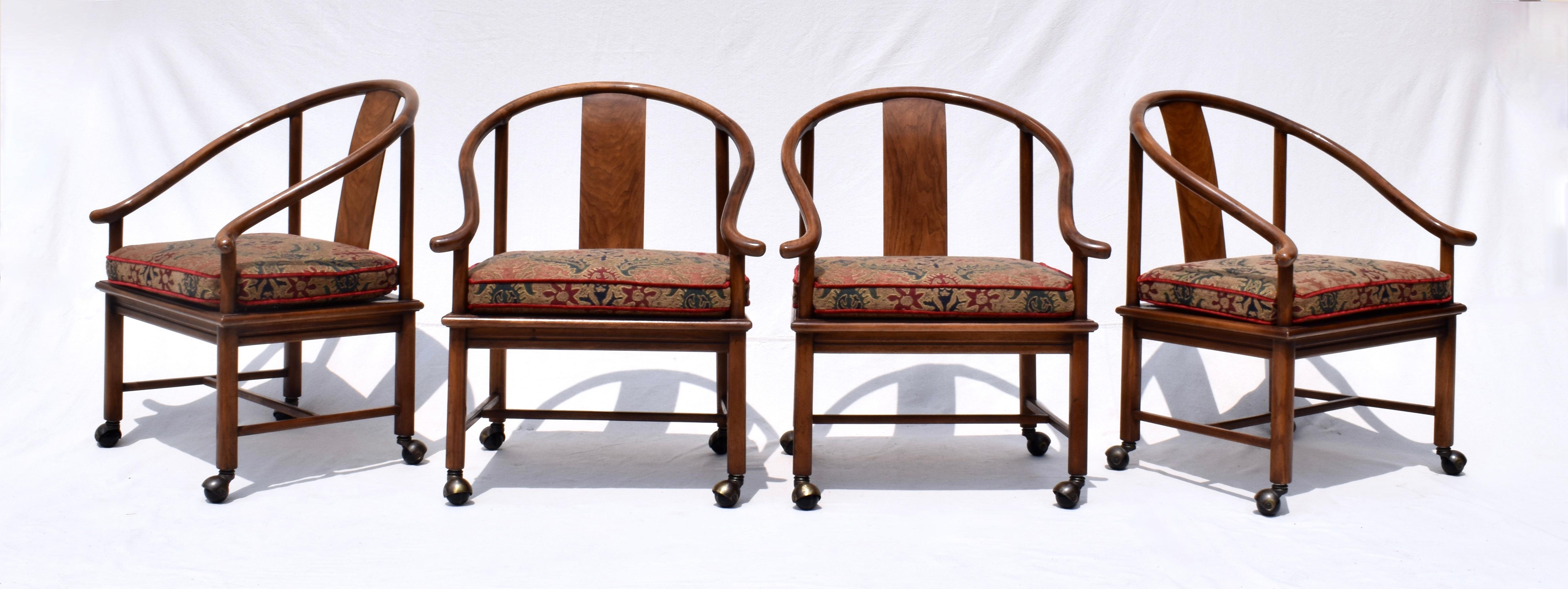 20th c. Modern Ming Horseshoe Chairs With Caned Seats Custom Cushions  For Sale 1