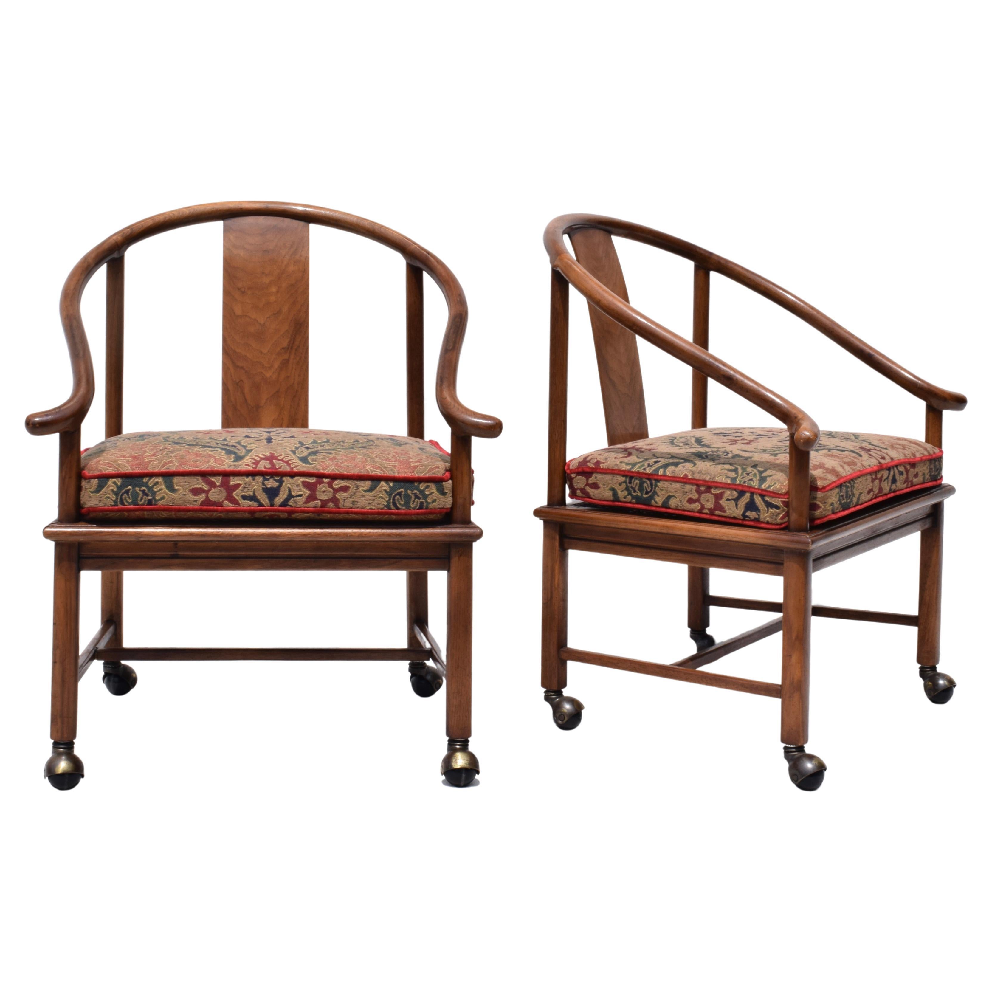 20th c. Modern Ming Horseshoe Chairs With Caned Seats Custom Cushions  For Sale