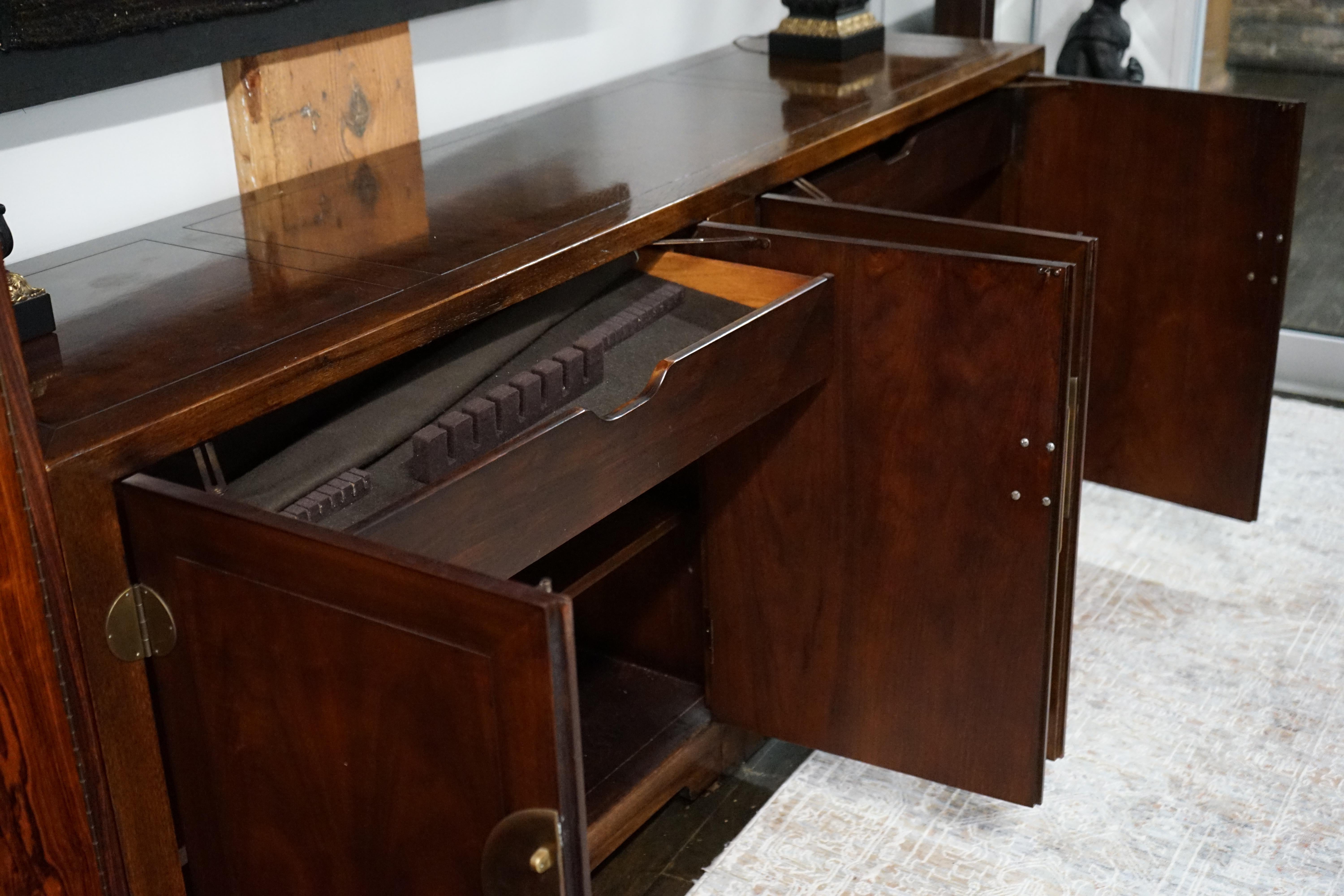 Chinoiserie Michael Taylor for Baker Walnut Buffet or Credenza With Brass Hardware For Sale