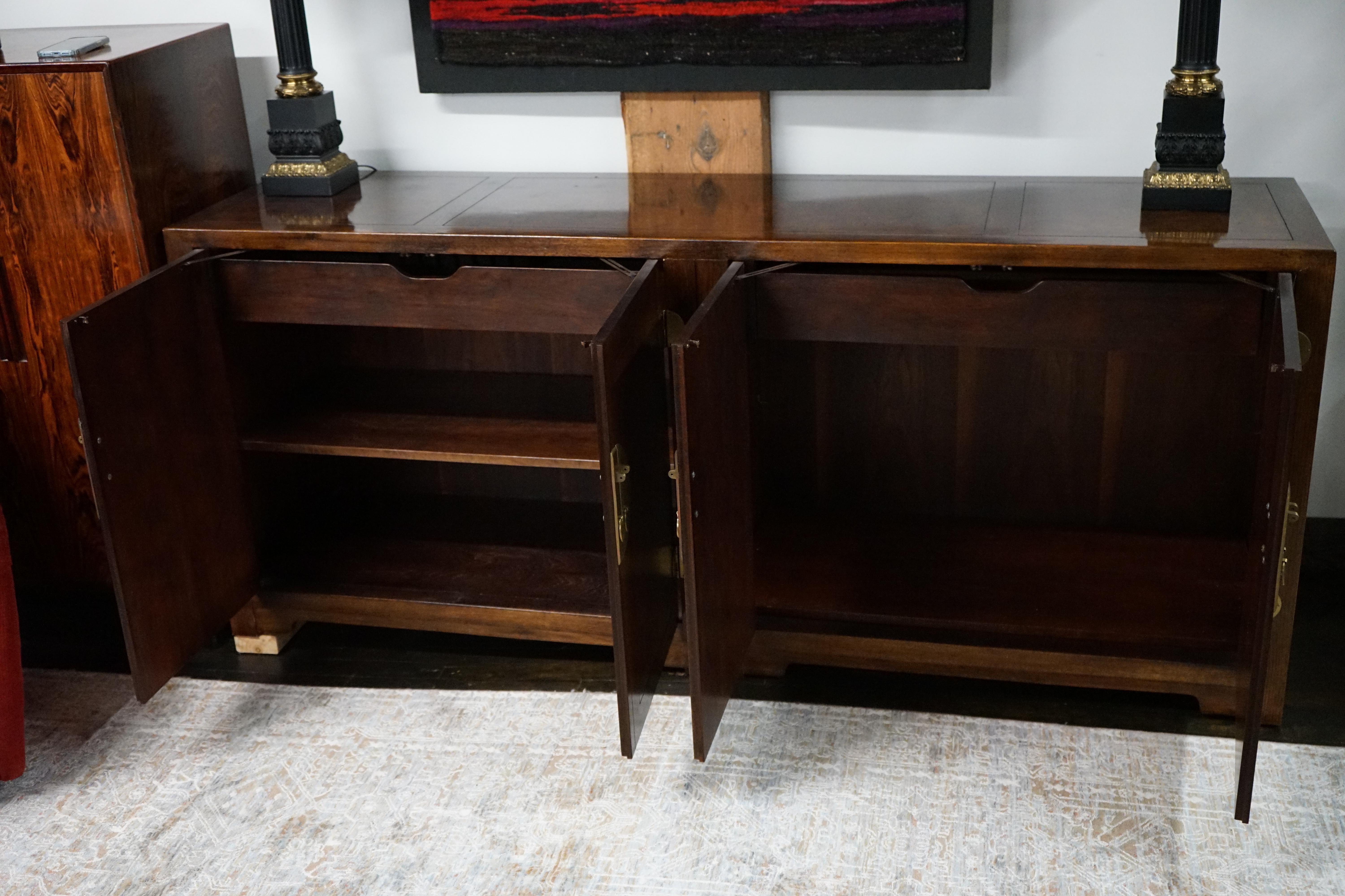 American Michael Taylor for Baker Walnut Buffet or Credenza With Brass Hardware For Sale