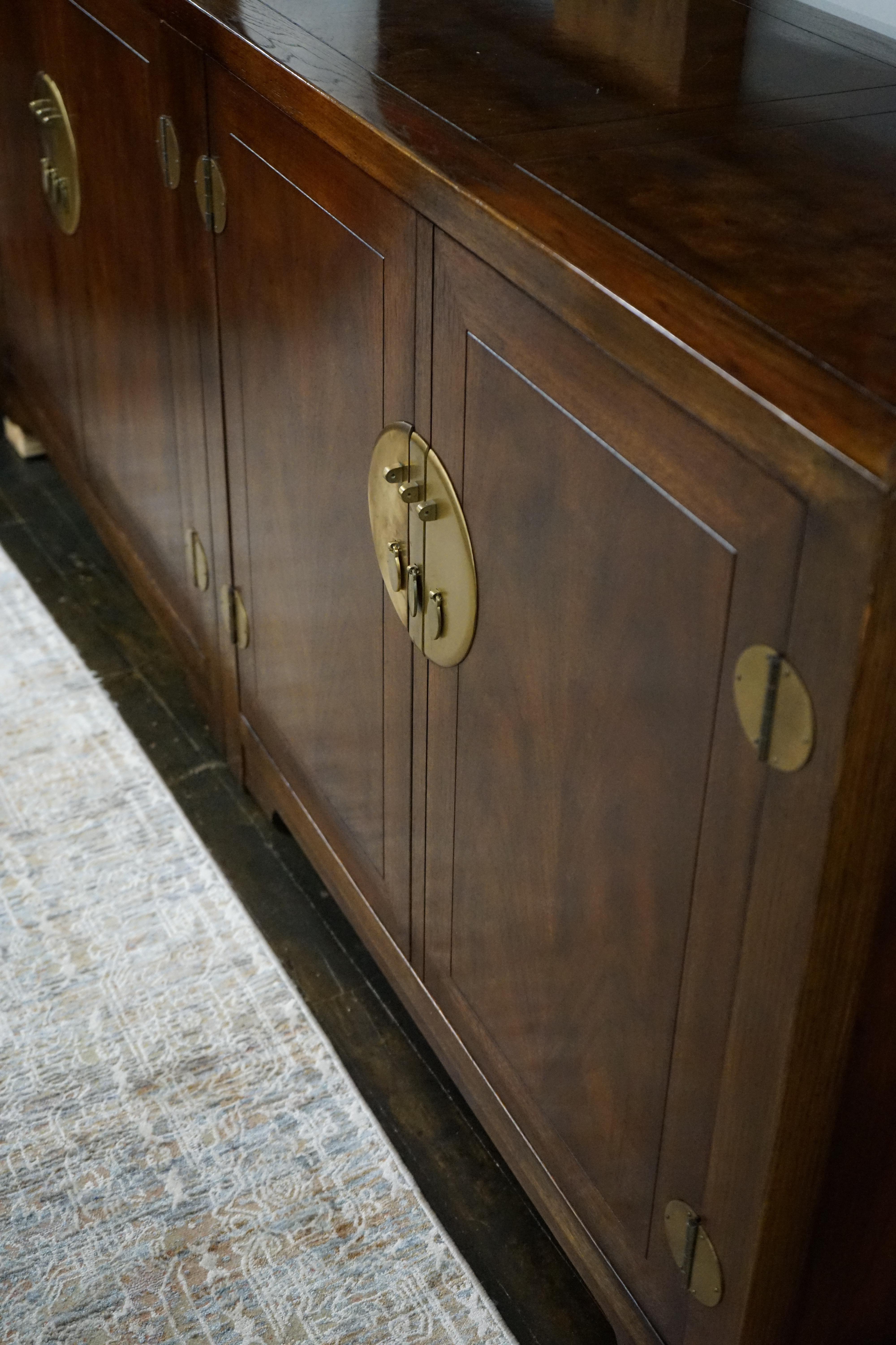 Michael Taylor for Baker Walnut Buffet or Credenza With Brass Hardware In Good Condition For Sale In Chicago, IL