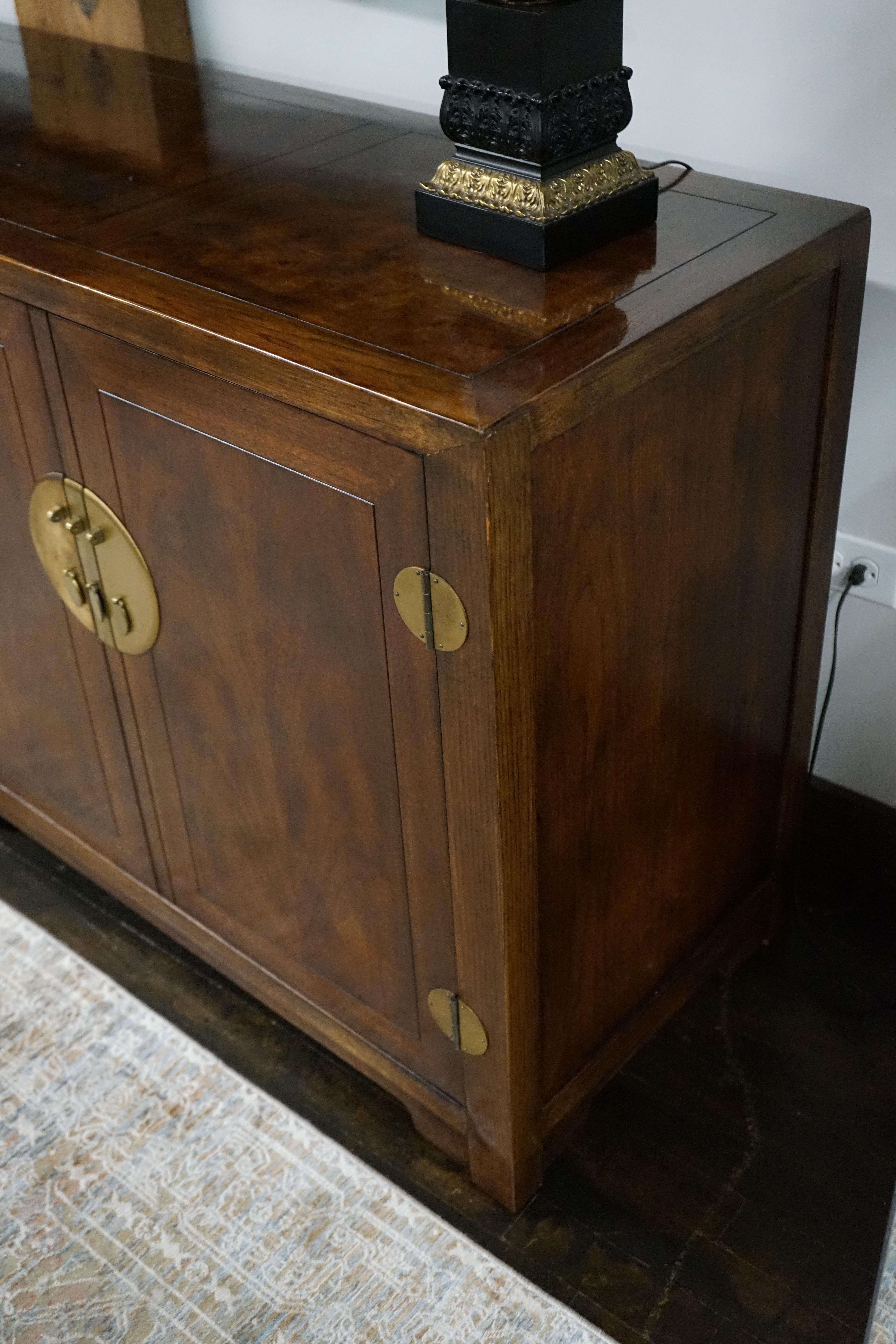 20th Century Michael Taylor for Baker Walnut Buffet or Credenza With Brass Hardware For Sale