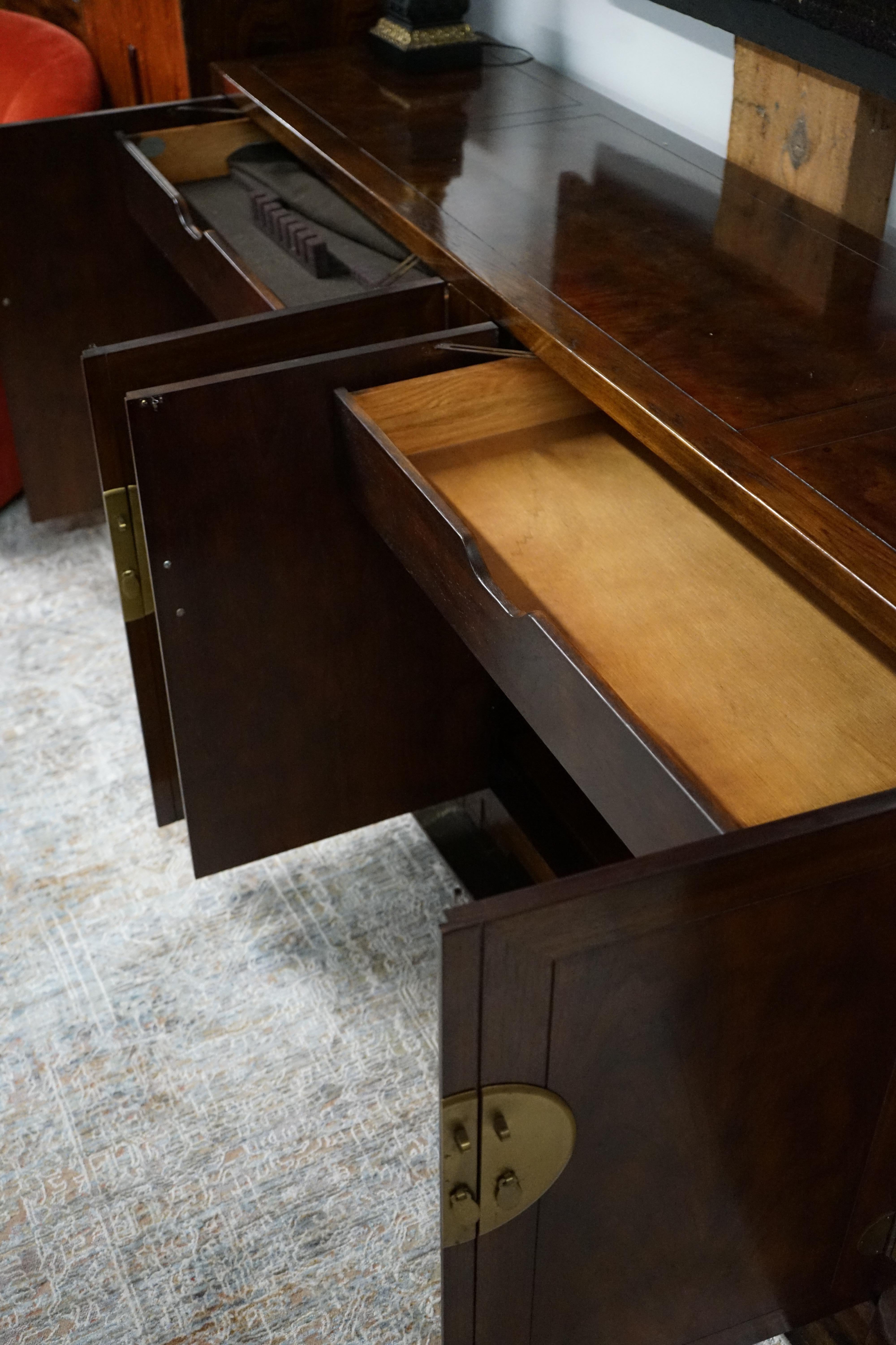 Michael Taylor for Baker Walnut Buffet or Credenza With Brass Hardware For Sale 2