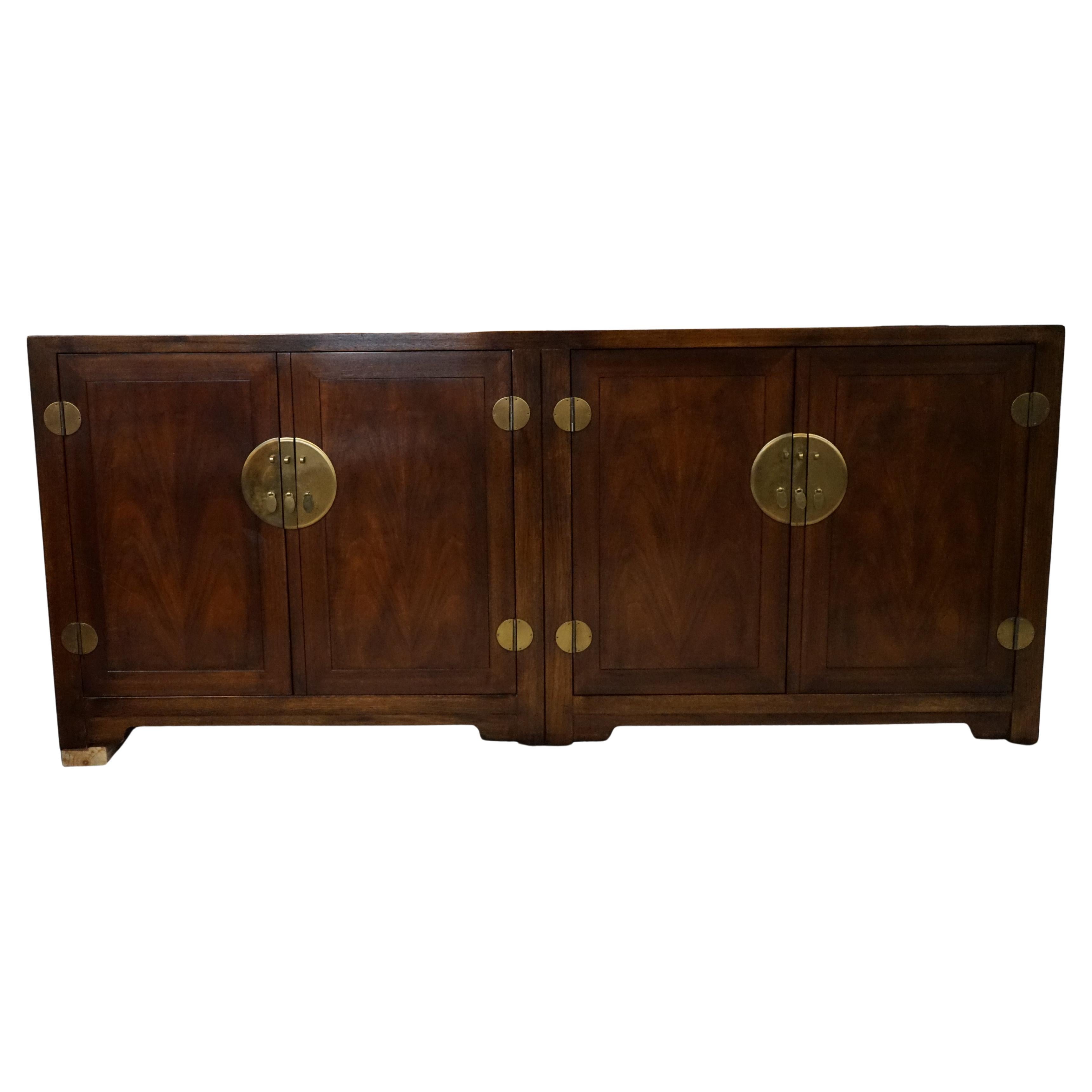 Michael Taylor for Baker Walnut Buffet or Credenza With Brass Hardware For Sale