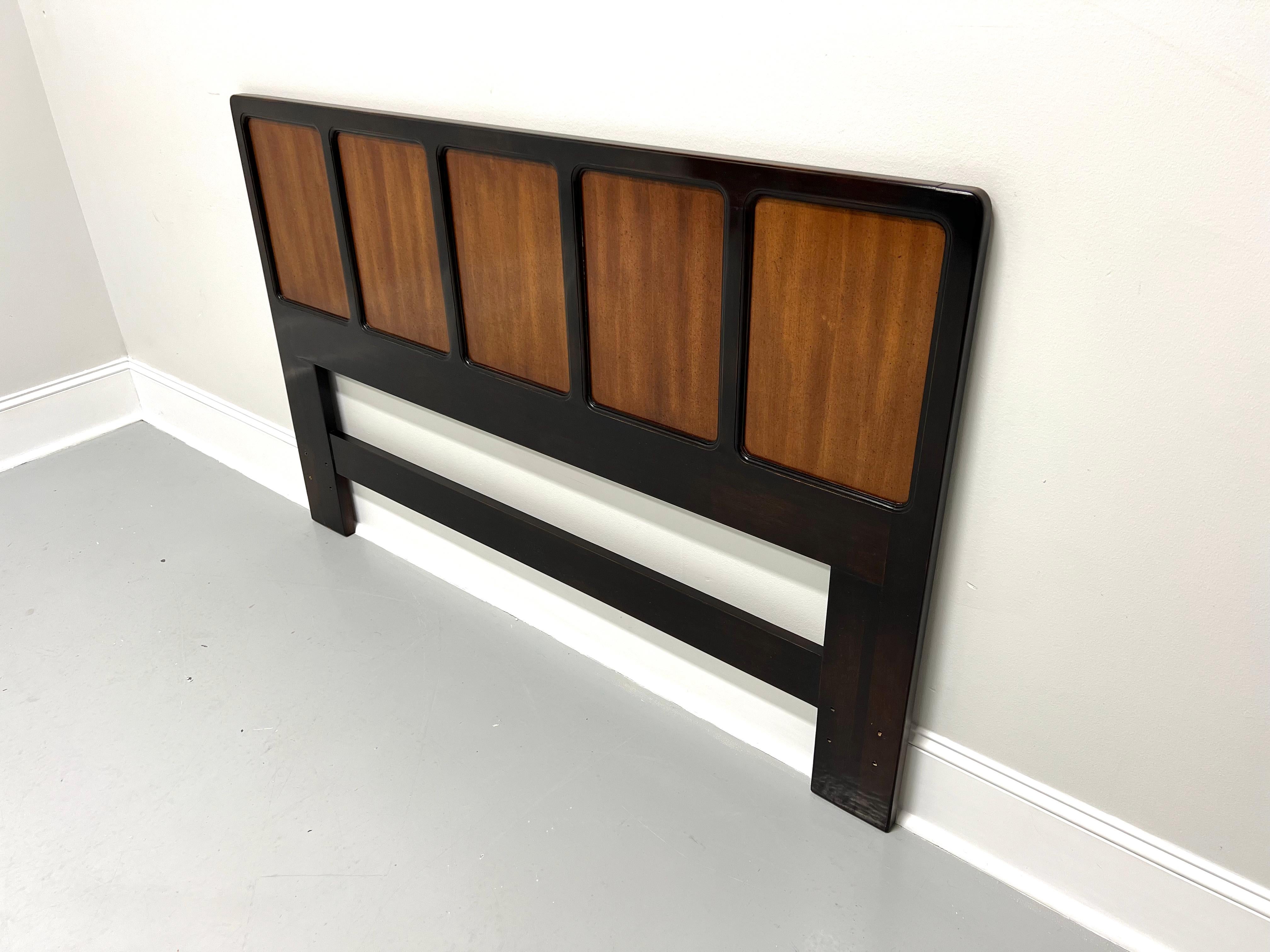 An Asian inspired queen size headboard designed by Michael Taylor for Henredon. Mahogany with a slightly distressed finish forming five panels framed in black lacquer. Made in Morganton, North Carolina, USA, circa 1982.

Style #:  9900-10

Measures: