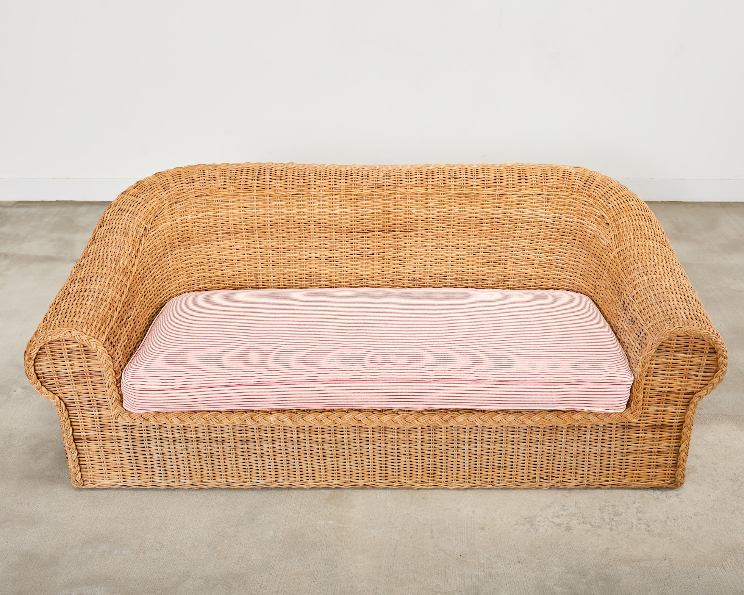 Italian Michael Taylor Inspired Rattan Wicker Sofa by Wicker Works For Sale