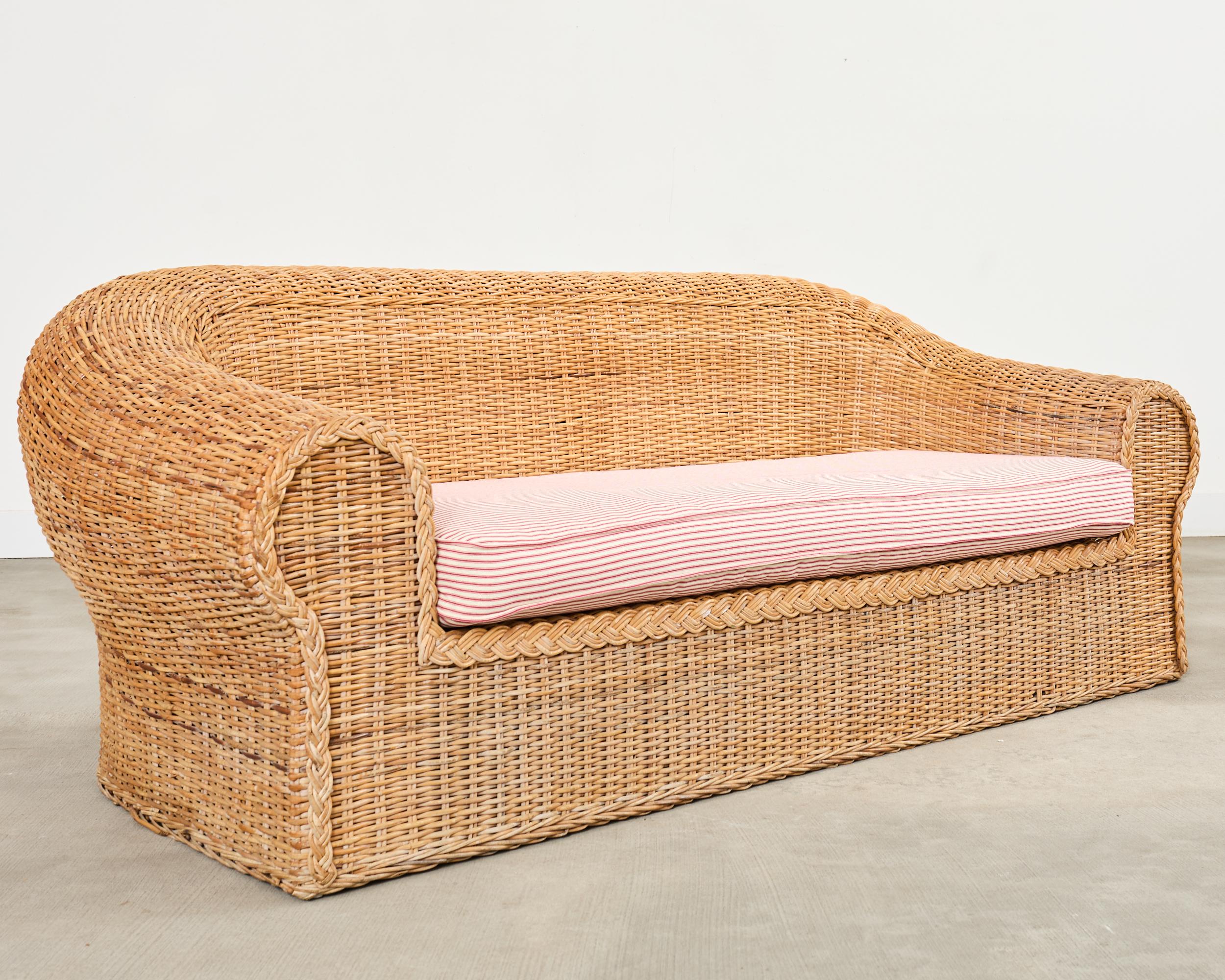 Hand-Crafted Michael Taylor Inspired Rattan Wicker Sofa by Wicker Works For Sale