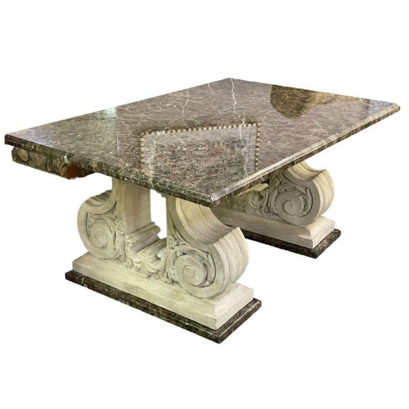Michael Taylor Marble Top & Double Pedestal Stone Base Table In Good Condition For Sale In Locust Valley, NY