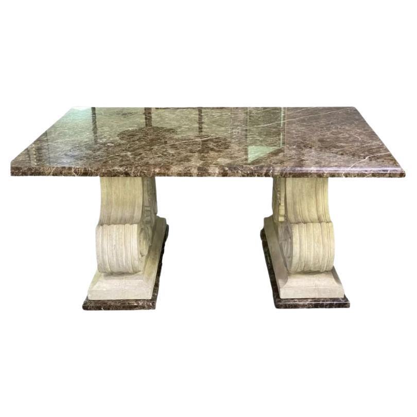 Michael Taylor Marble Top & Double Pedestal Stone Base Table For Sale