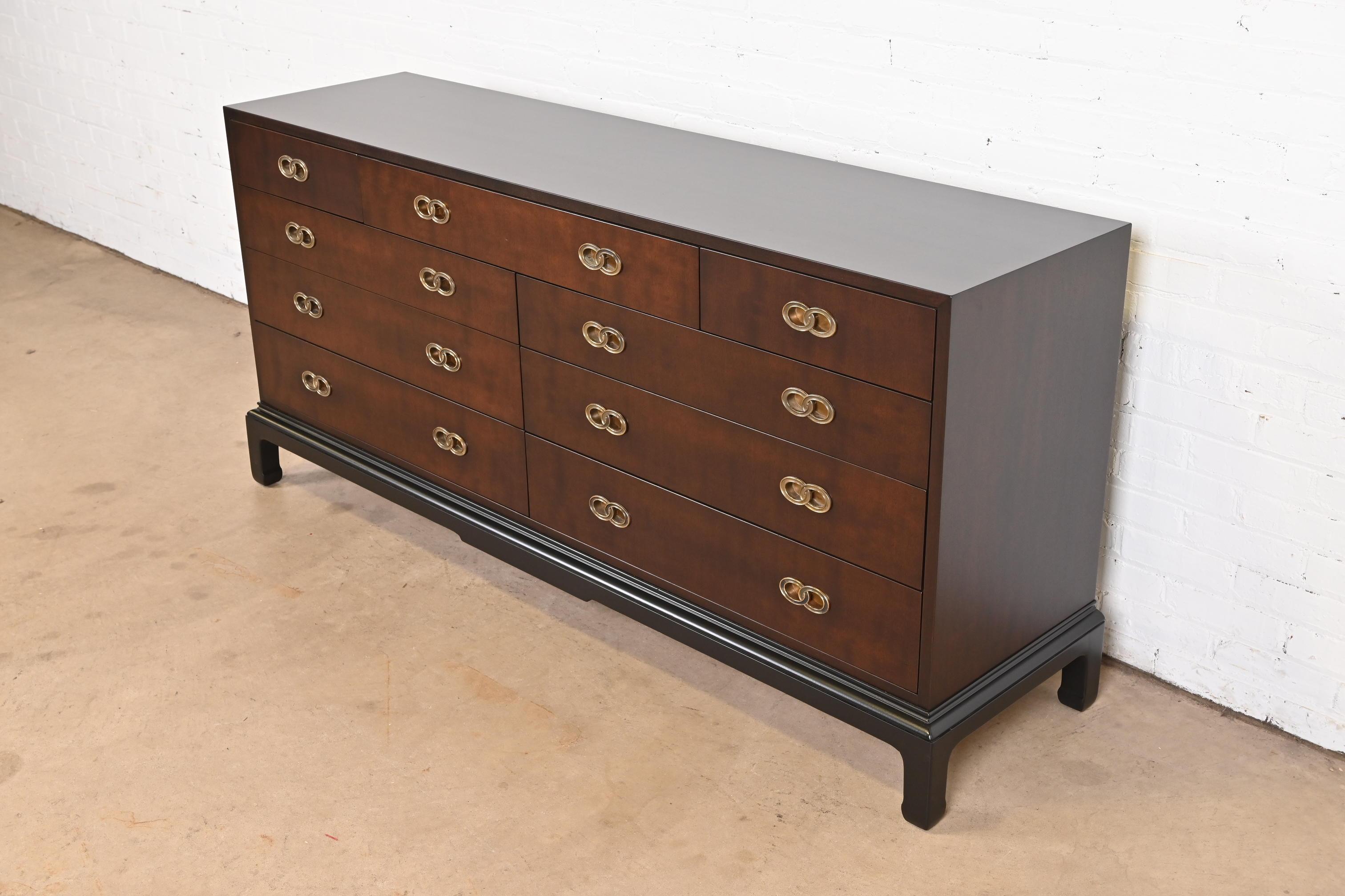 Michael Taylor Mid-Century Hollywood Regency Mahogany Dresser, Newly Refinished In Good Condition In South Bend, IN