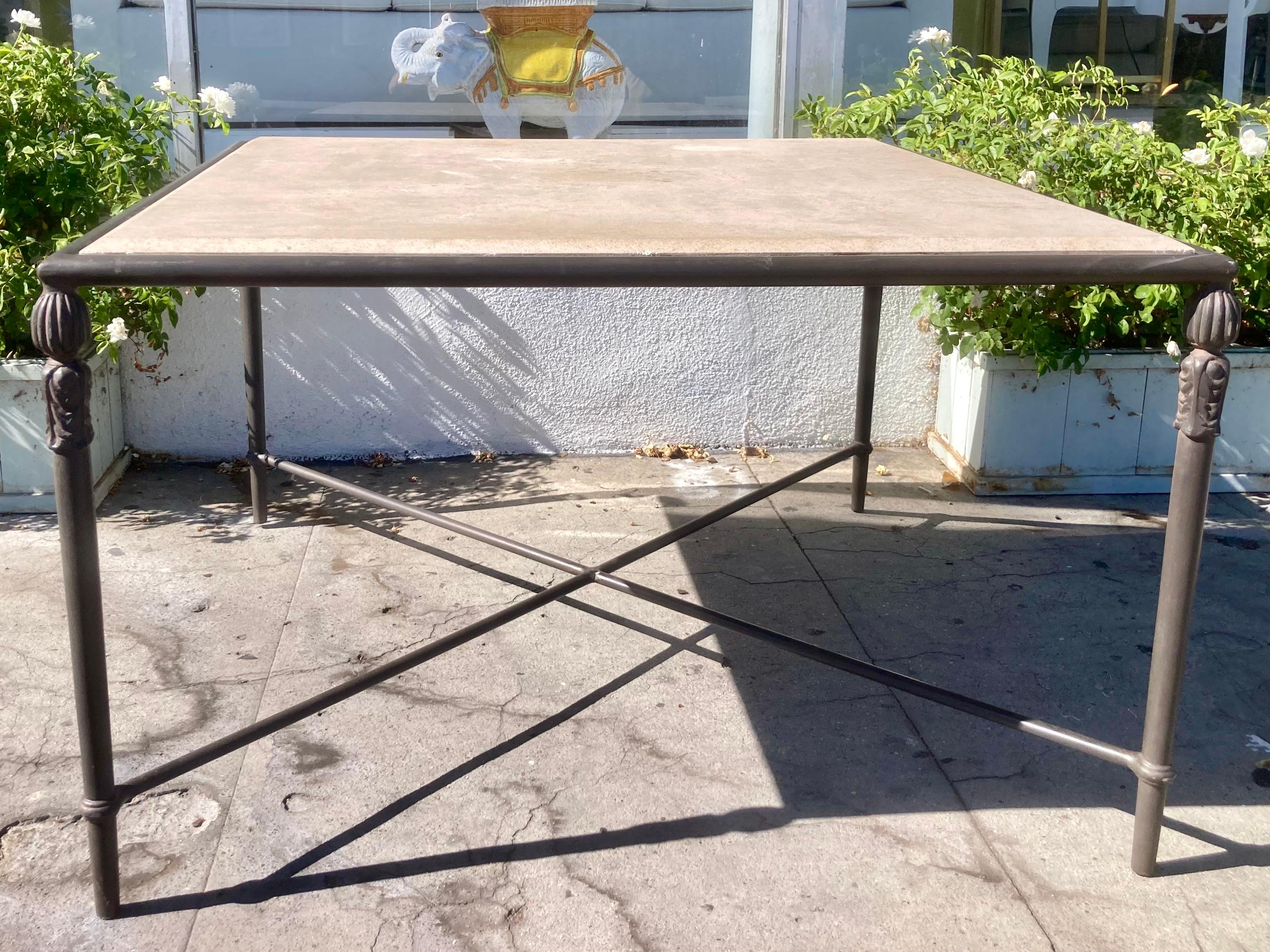 Beautiful Michael Taylor Montecito patio square dining table on with stone top. Very rare custom size at 48