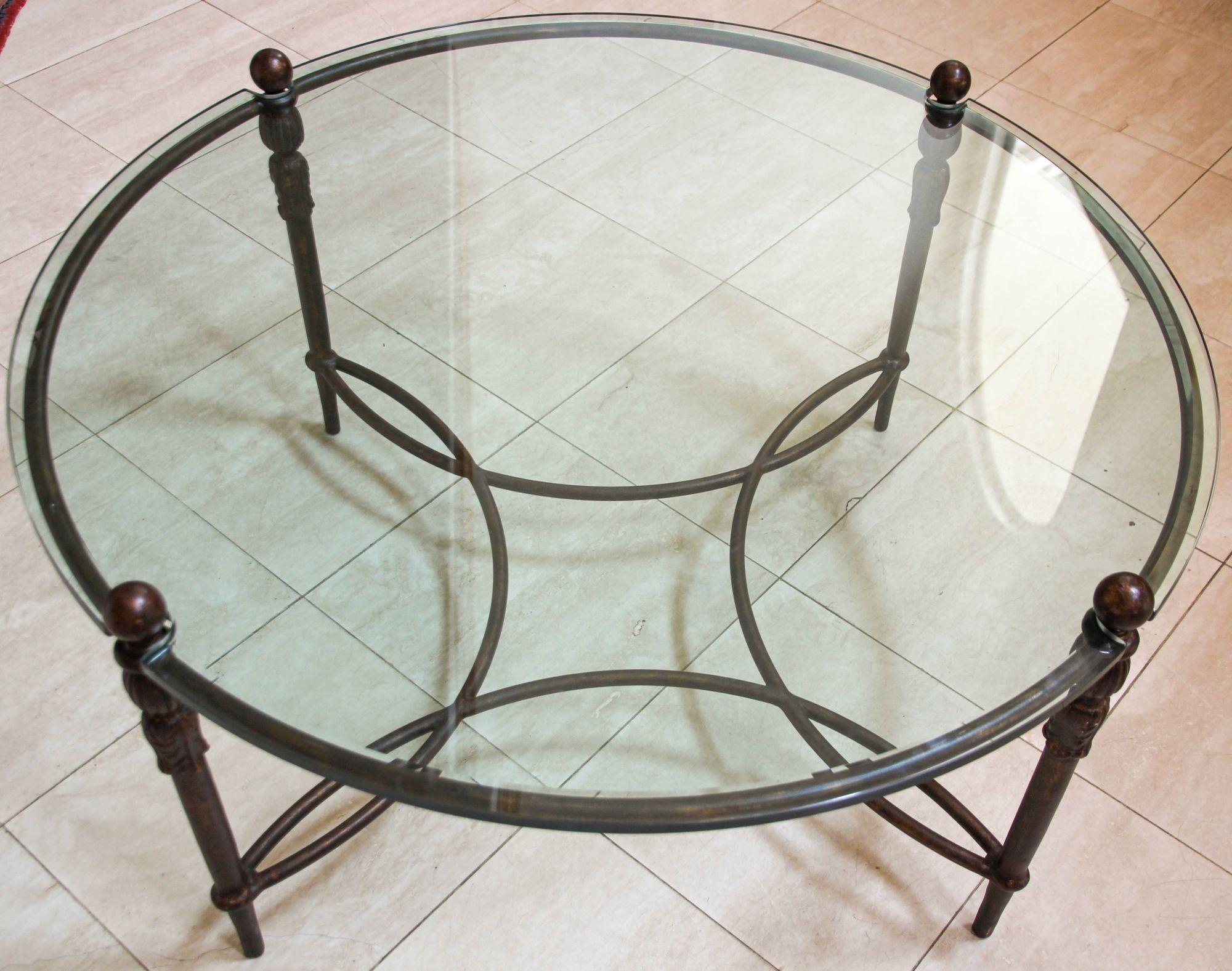 Neoclassical Michael Taylor Montecito Round Glass Coffee Table Outdoor Indoor Cocktail Table For Sale