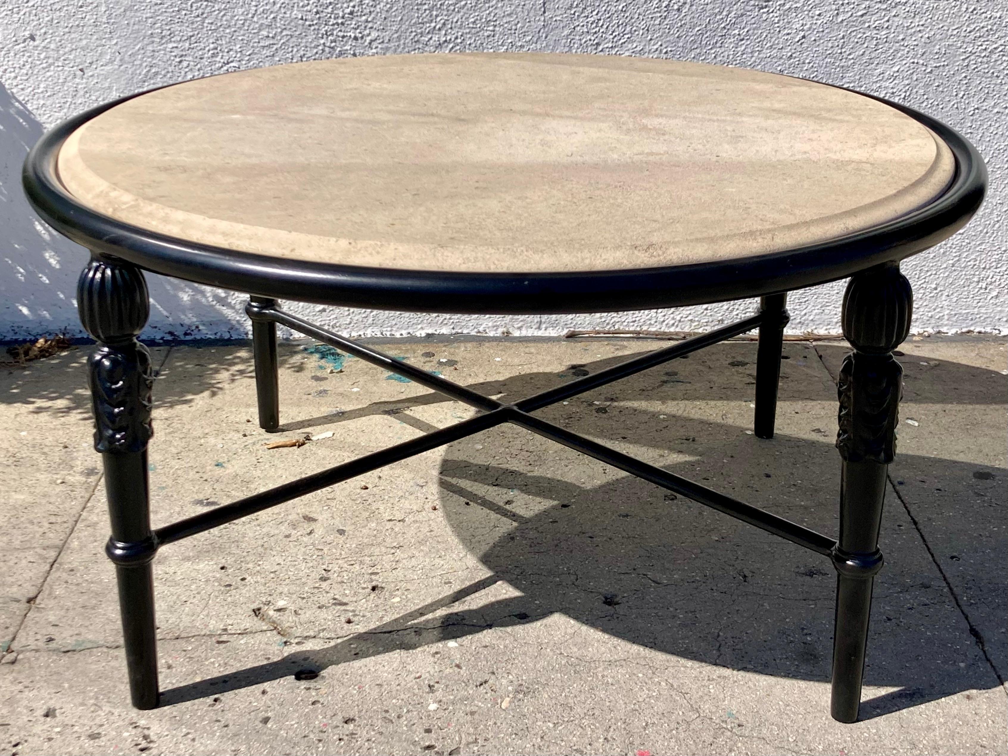 Michael Taylor Montecito Round Patio Coffee Table With Stone Top In Good Condition For Sale In Los Angeles, CA