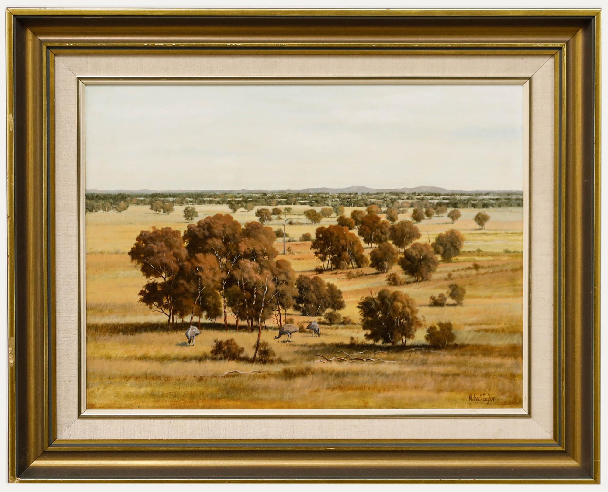 Un olio contemporaneo originale dell'artista australiano Michael Taylor. Firmato in basso a destra. Presentato in una cornice con effetto dorato e sottoveste di lino. Titolato sul retro. A bordo.