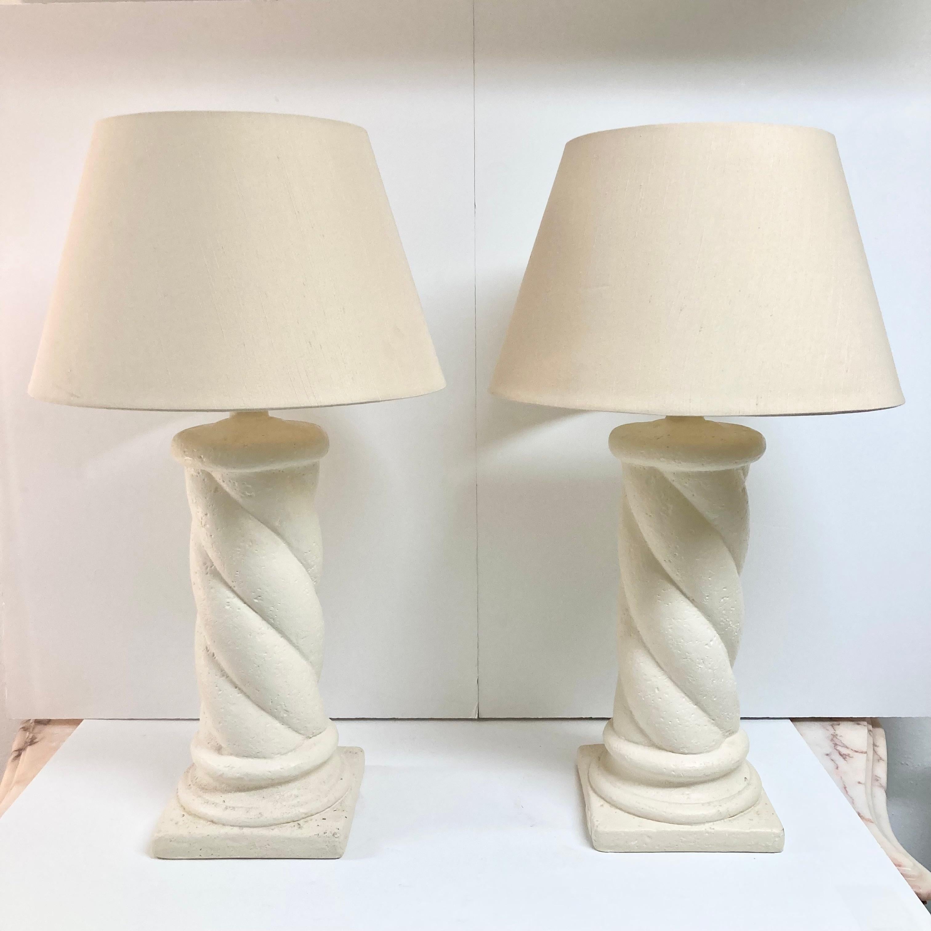 Beautiful pair of Michael Taylor style cast stone column table lamps with original silk shades. Fabulous original vintage Michael Taylor style table lamps. Add some architecture to your home or design project. 