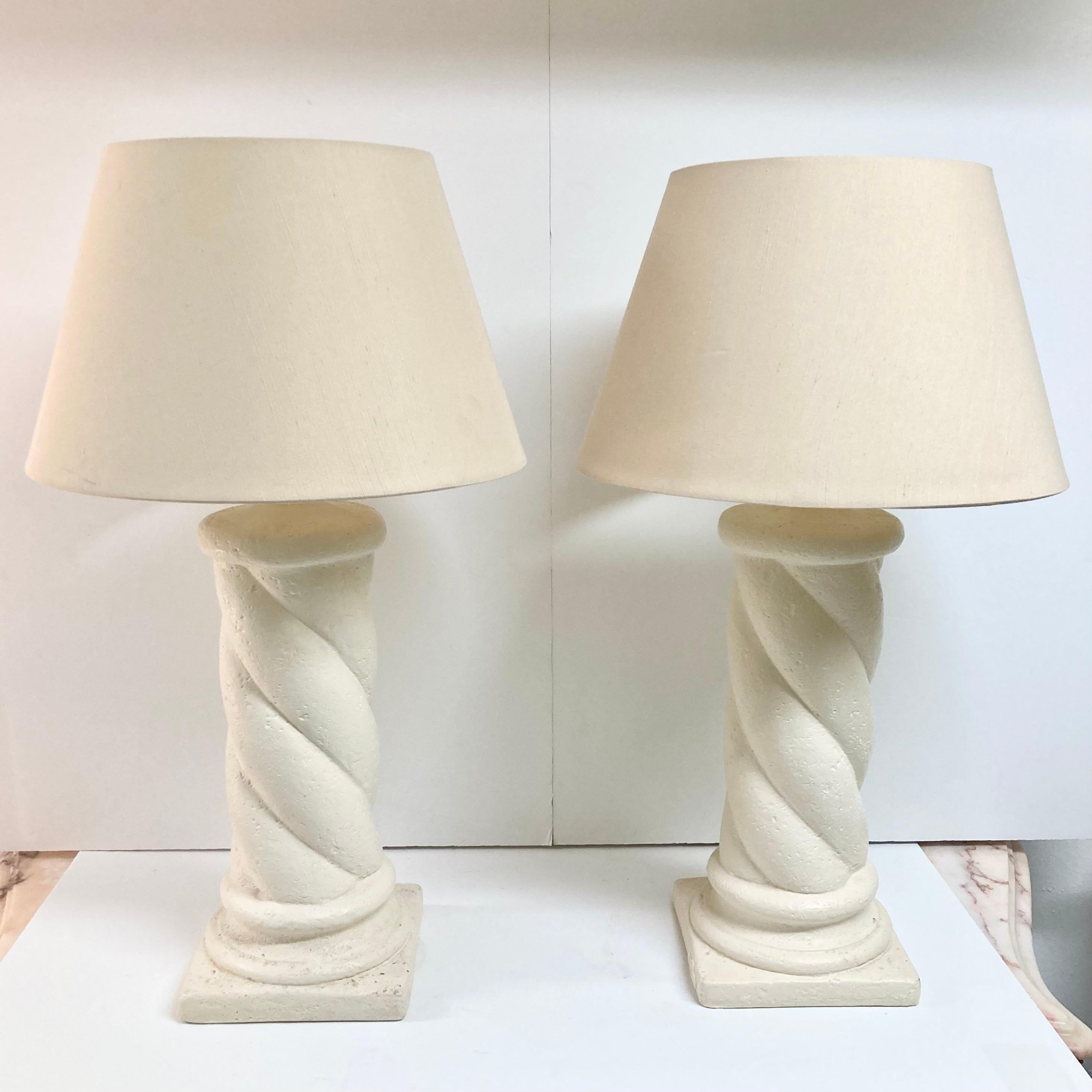 Modern Michael Taylor Style Cast Stone Column Table Lamps, a Pair For Sale