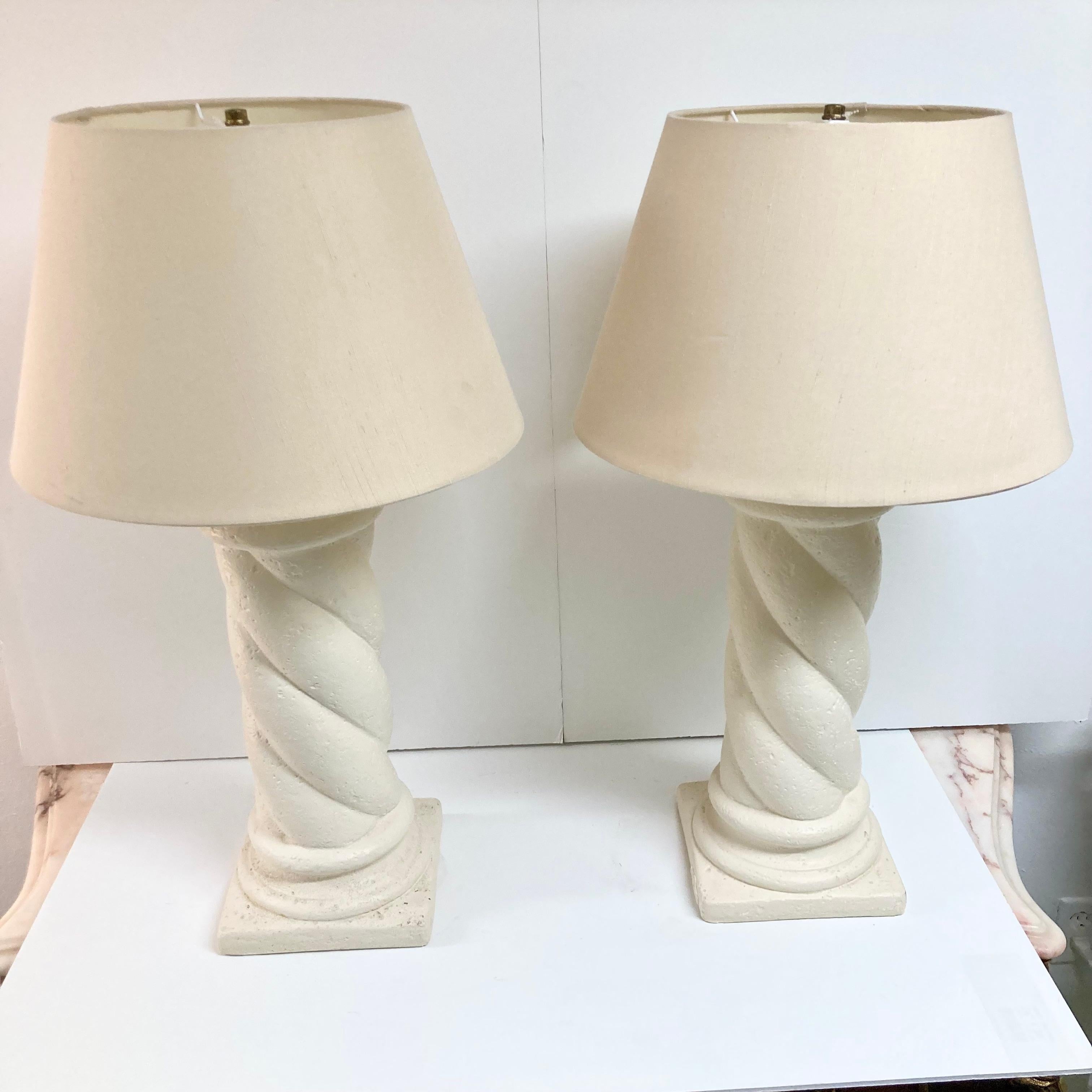American Michael Taylor Style Cast Stone Column Table Lamps, a Pair For Sale