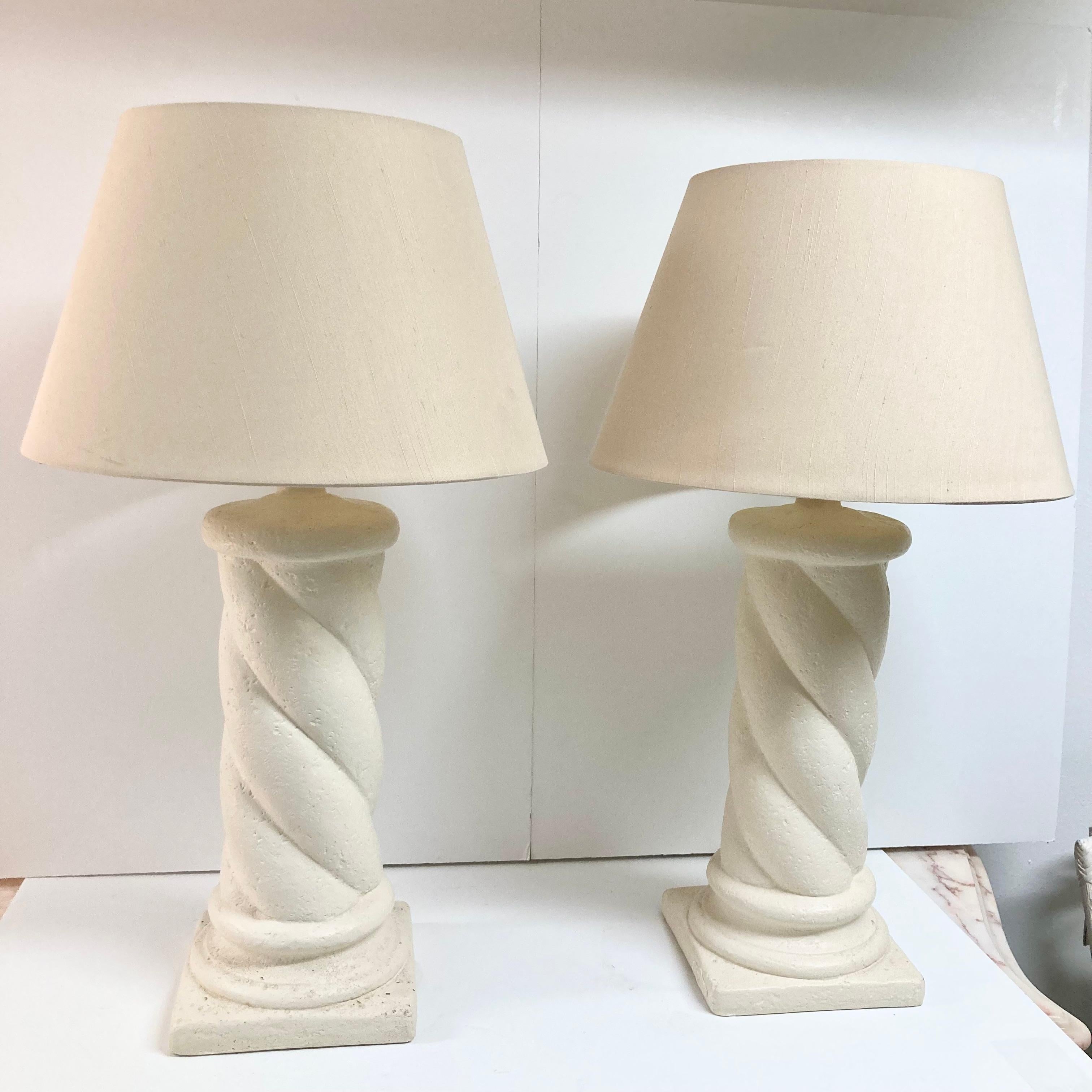 Michael Taylor Style Cast Stone Column Table Lamps, a Pair In Good Condition For Sale In Los Angeles, CA