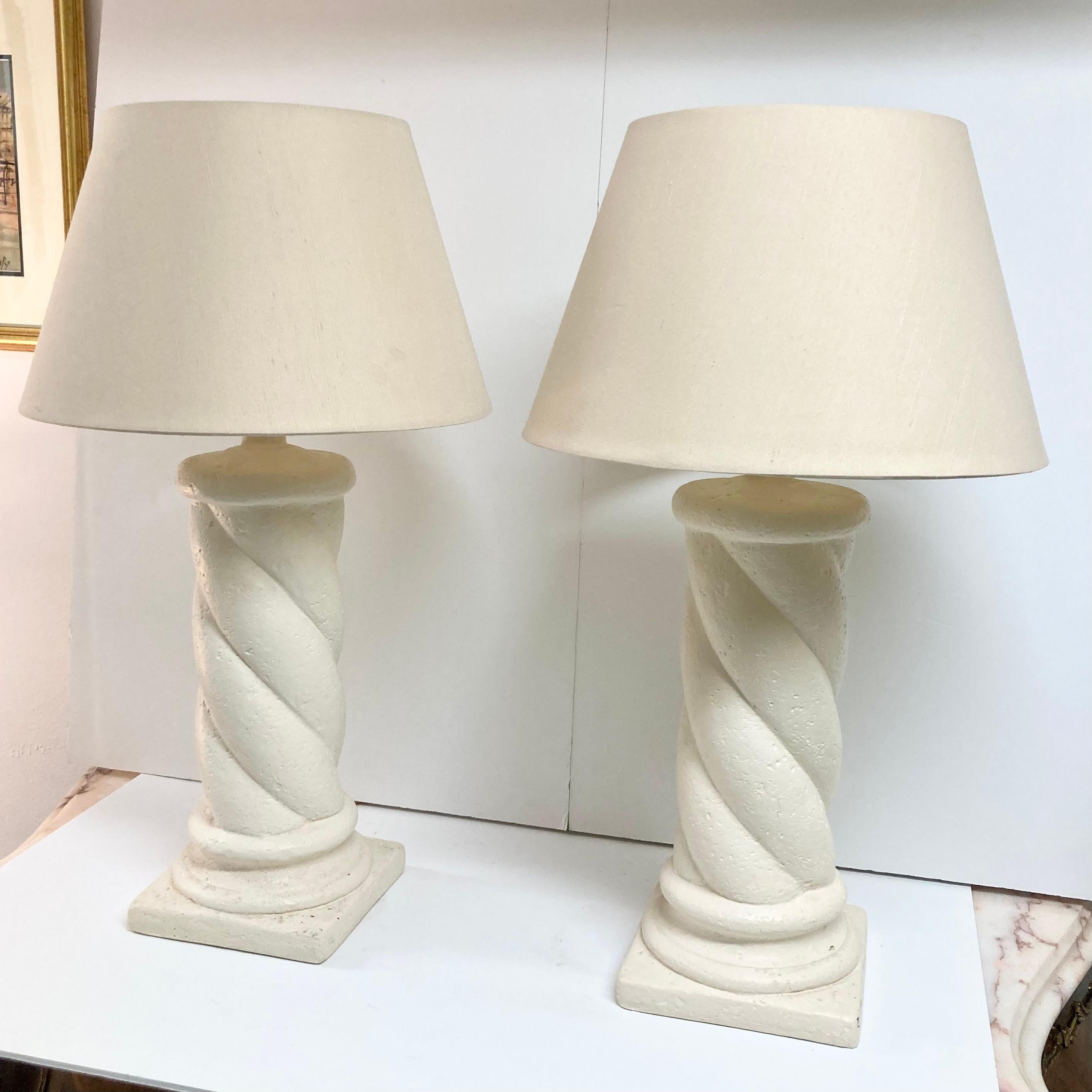 Late 20th Century Michael Taylor Style Cast Stone Column Table Lamps, a Pair For Sale
