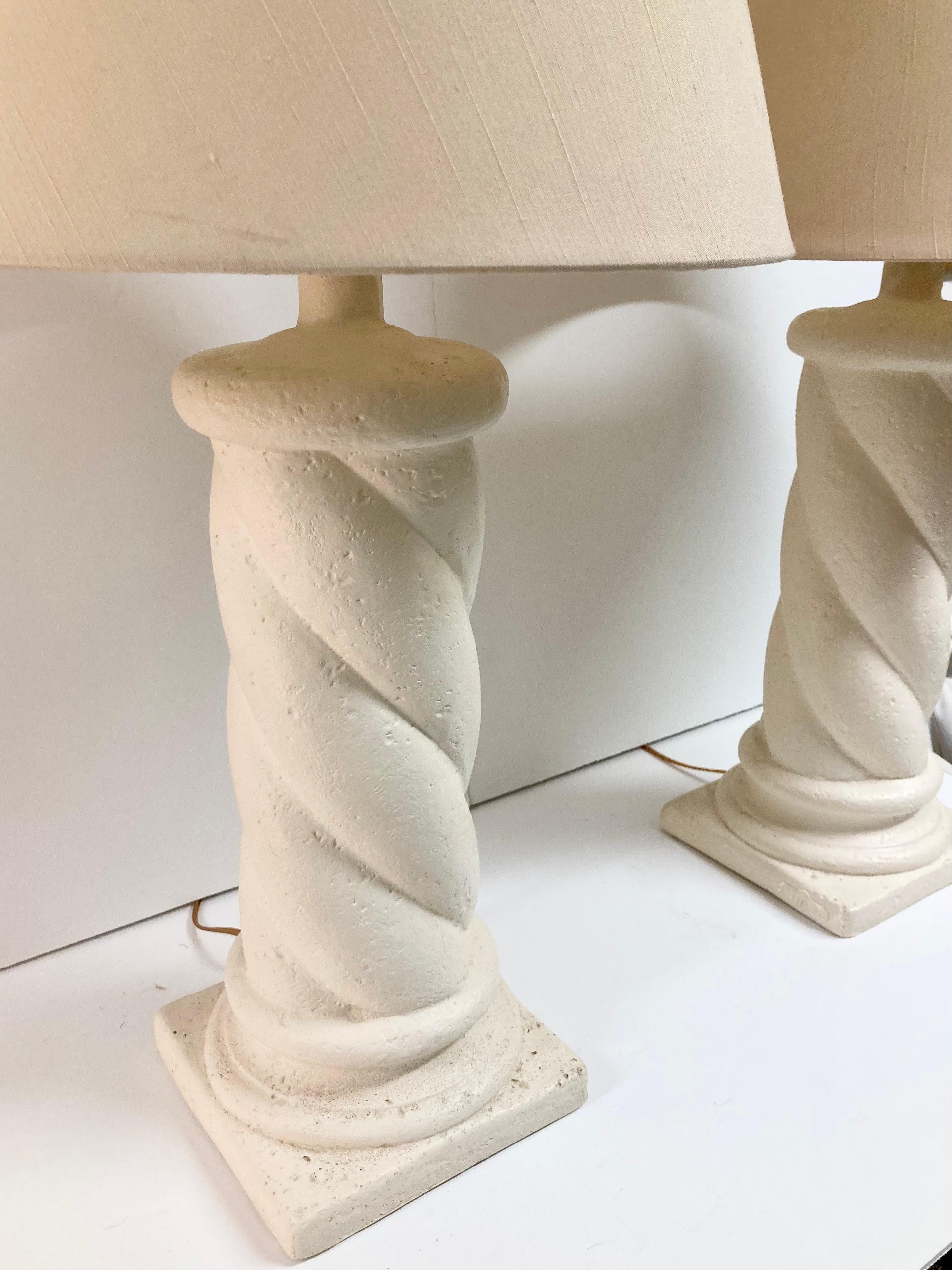 Plaster Michael Taylor Style Cast Stone Column Table Lamps, a Pair For Sale