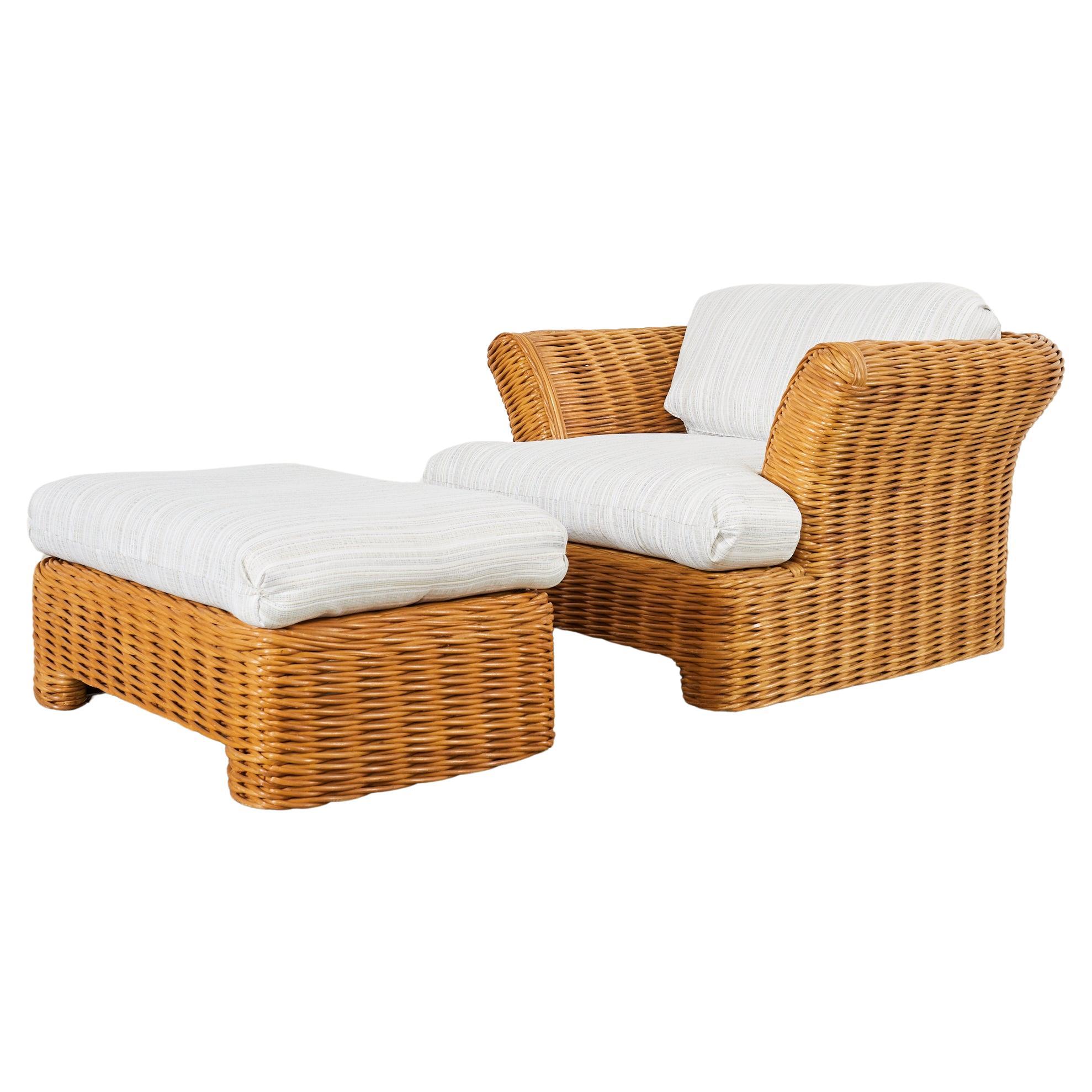 Michael Taylor Style Organic Modern Rattan Lounge Chair Ottoman For Sale