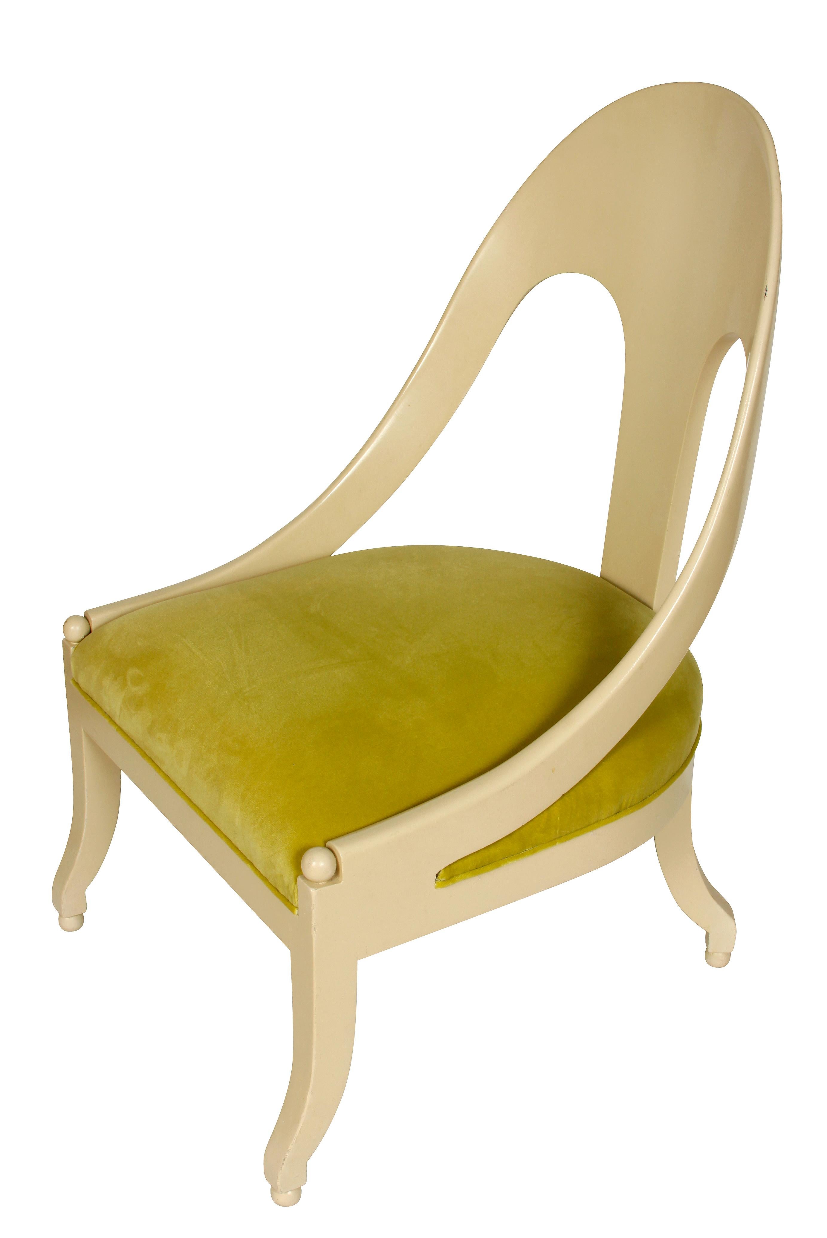 Michael Taylor style painted spoon chair, newly upholstered in chartreuse velvet.