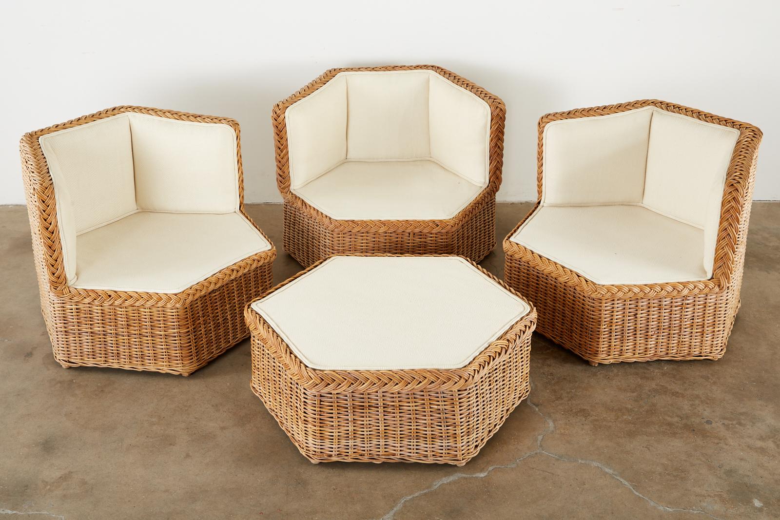 Organic Modern Michael Taylor Style Rattan Modular Seating Sofa Set