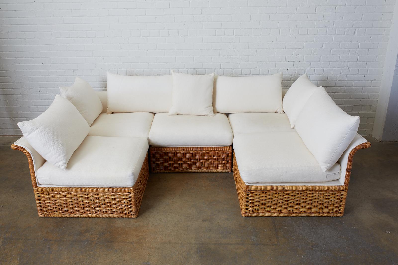 Organic Modern Michael Taylor Style Rattan Wicker Sectional Sofa
