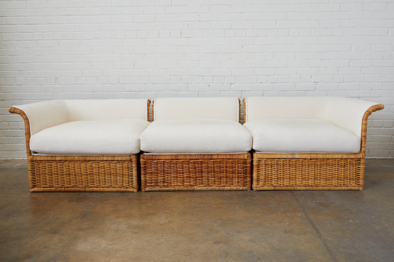 Hand-Crafted Michael Taylor Style Rattan Wicker Sectional Sofa