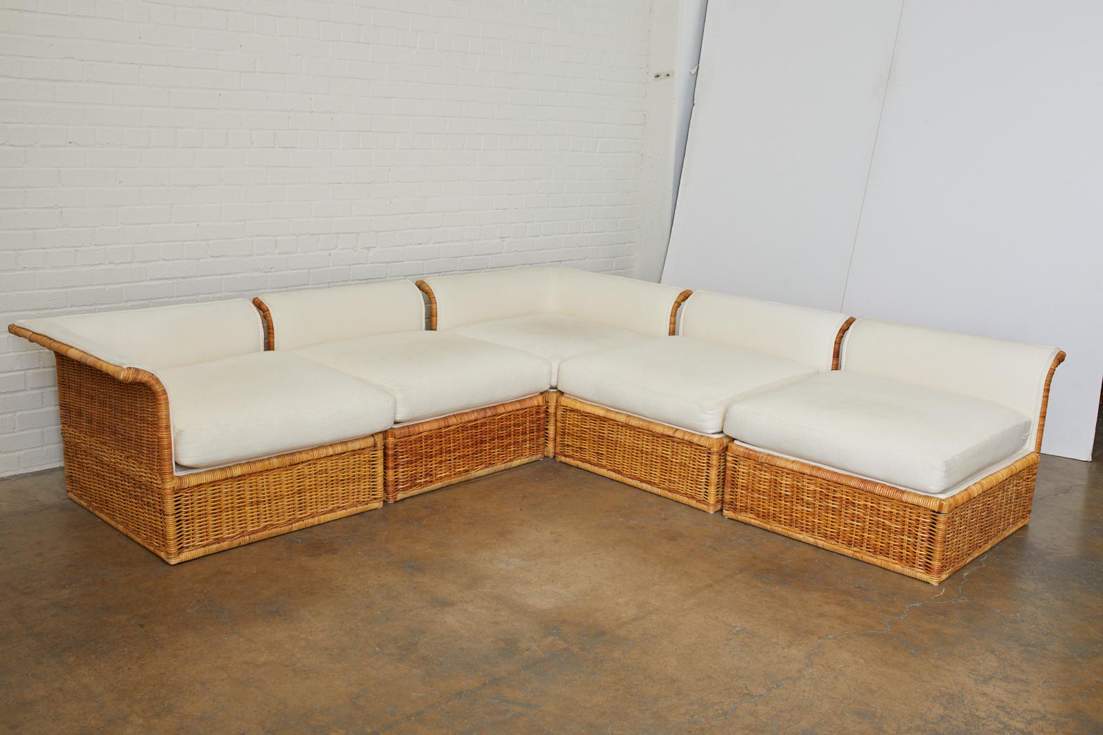 Michael Taylor Style Rattan Wicker Sectional Sofa In Good Condition In Rio Vista, CA