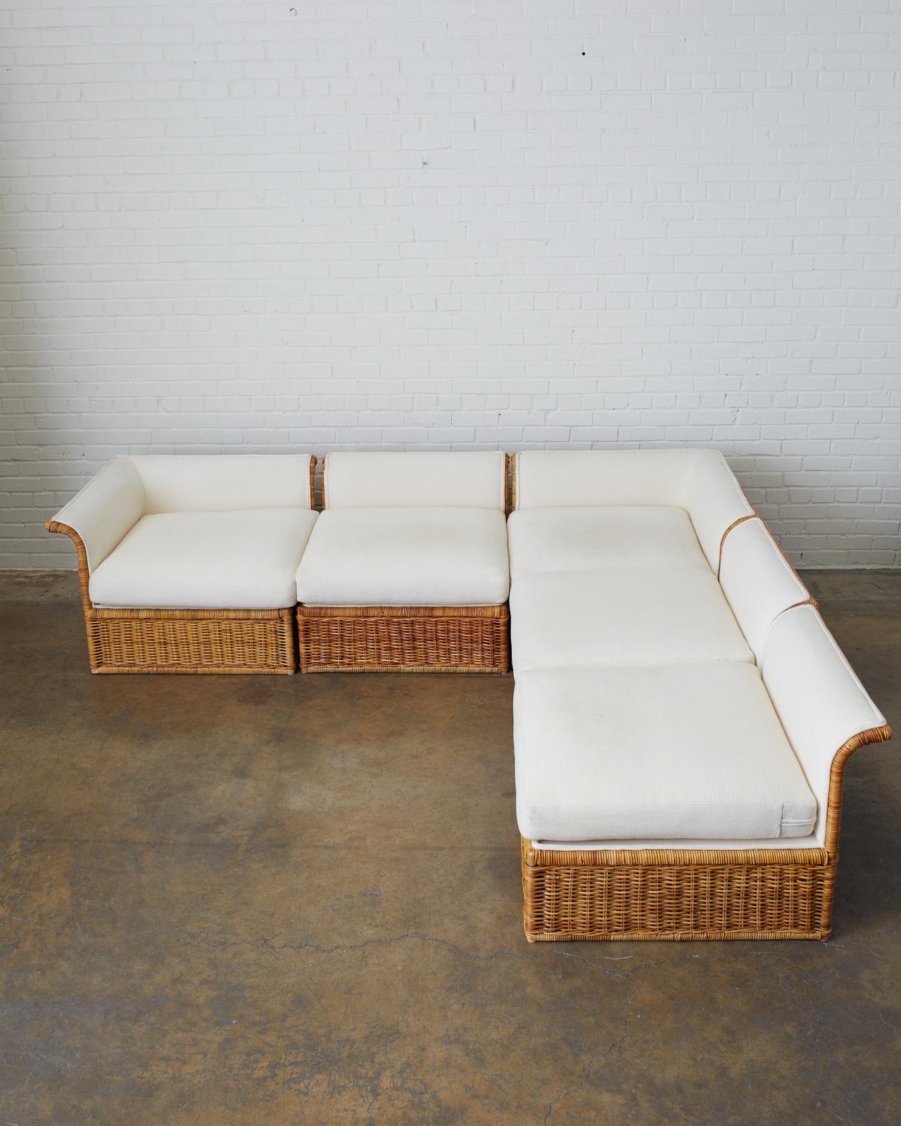 20th Century Michael Taylor Style Rattan Wicker Sectional Sofa