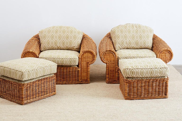 Michael Taylor Style Wicker Lounge Chairs and Ottomans at 1stDibs