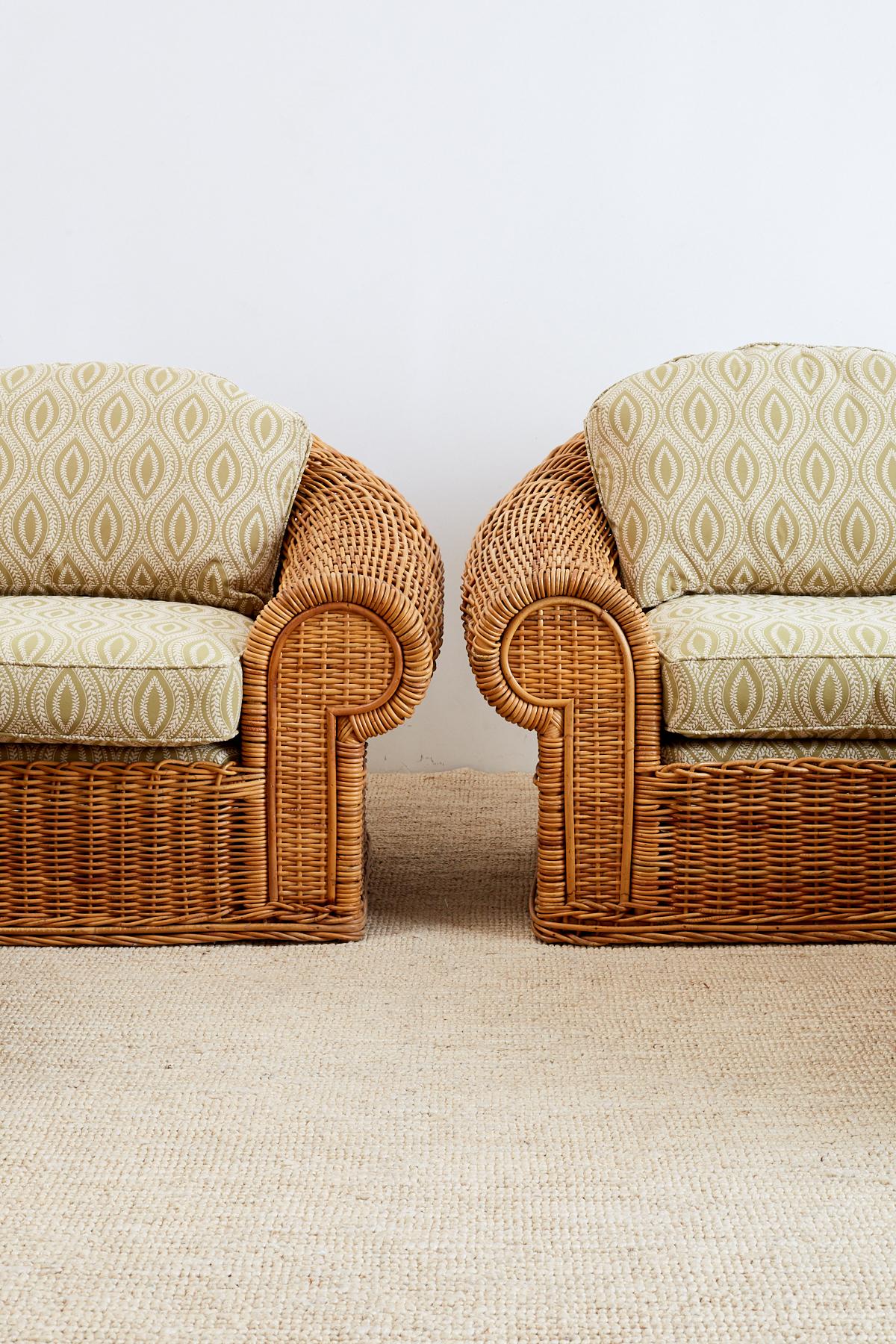 20th Century Michael Taylor Style Wicker Lounge Chairs and Ottomans