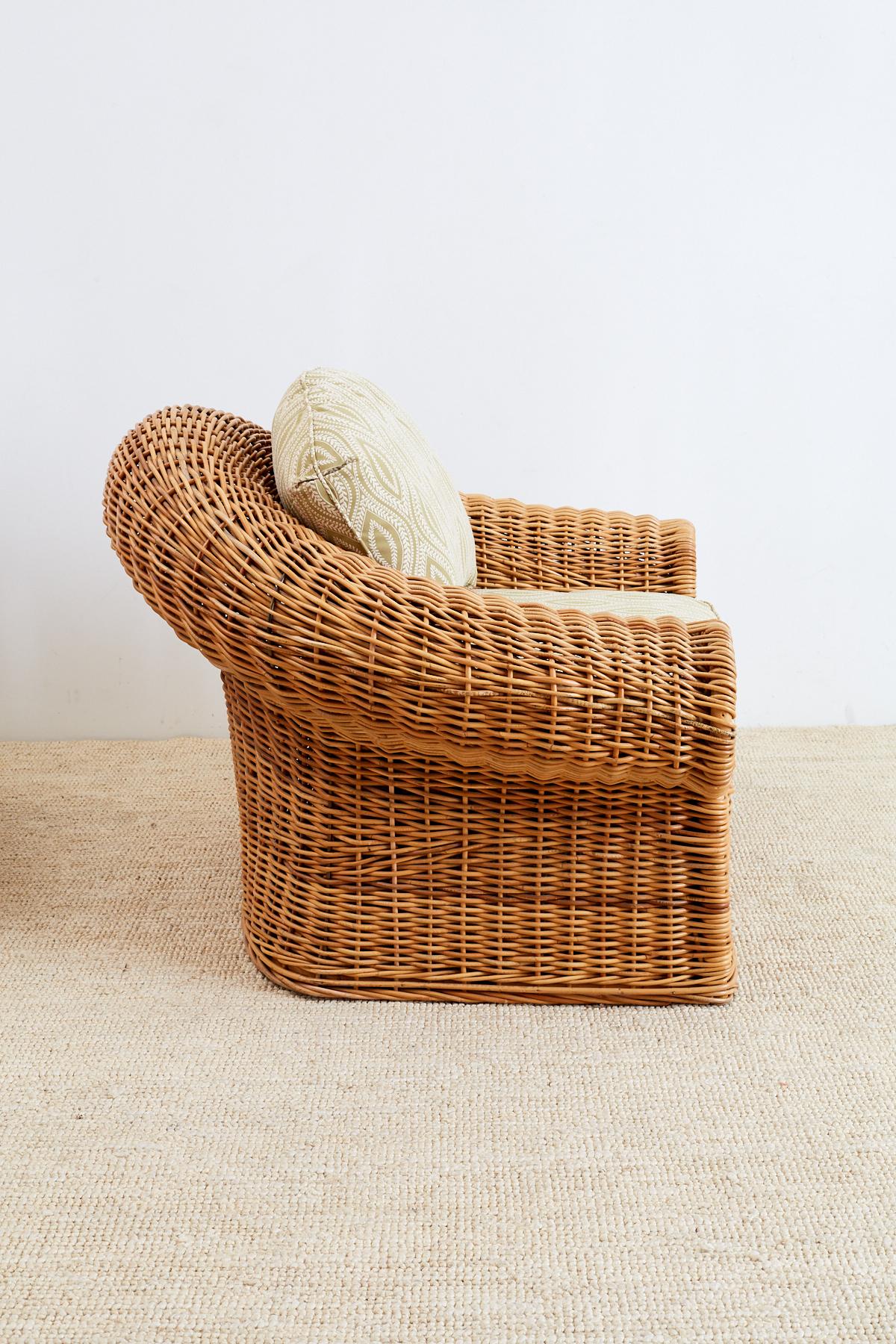 Fabric Michael Taylor Style Wicker Lounge Chairs and Ottomans