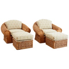 Michael Taylor Style Wicker Lounge Chairs and Ottomans