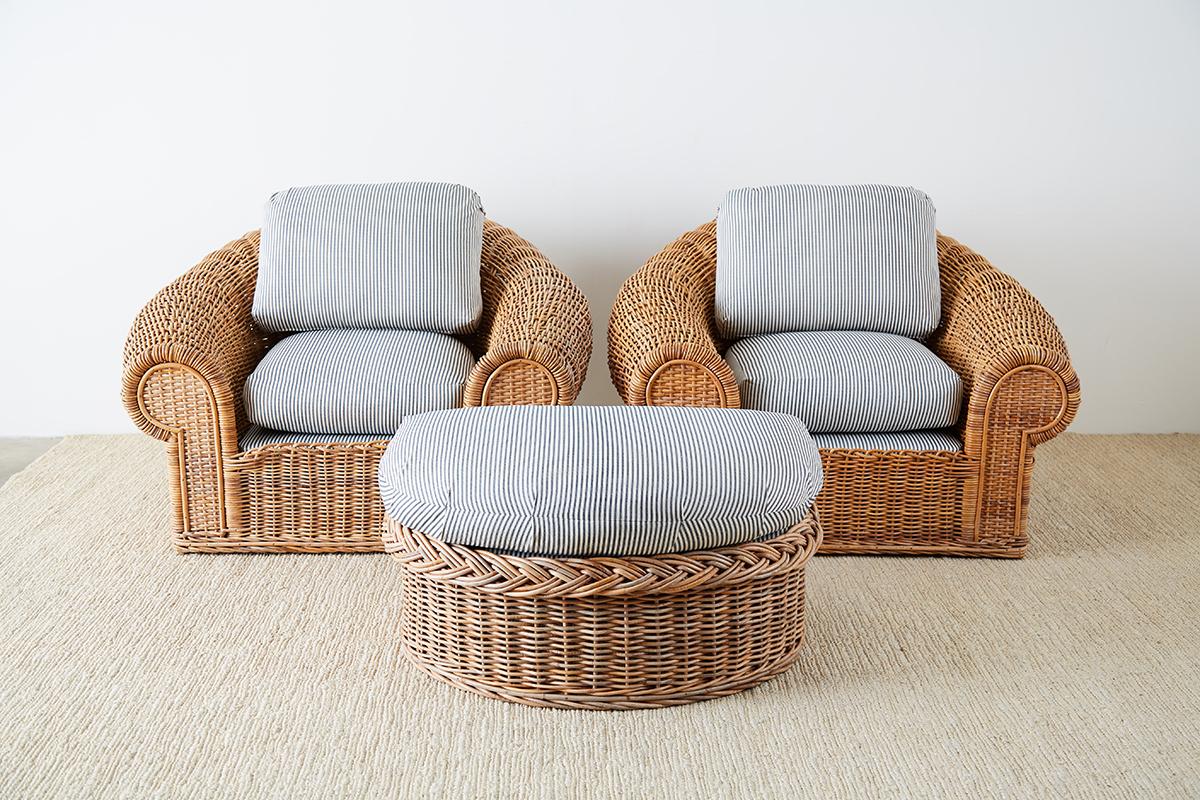 Organic Modern Michael Taylor Style Wicker Lounge Chairs with Ottoman