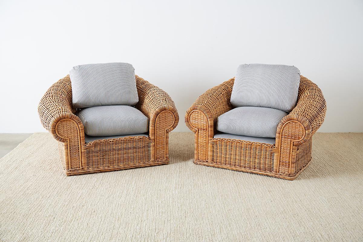 Hand-Crafted Michael Taylor Style Wicker Lounge Chairs with Ottoman